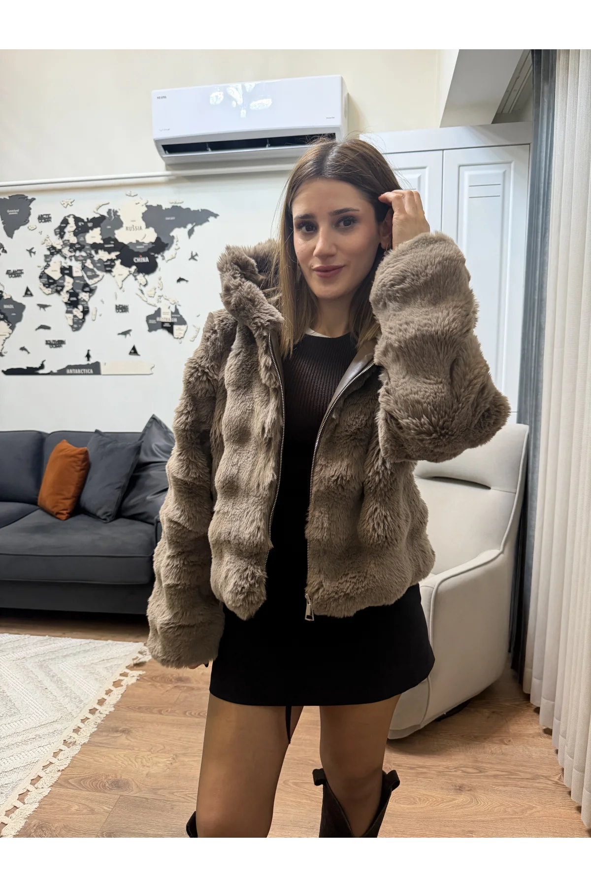 Premium Kapüşonlu Kürk Mont Kahverengi