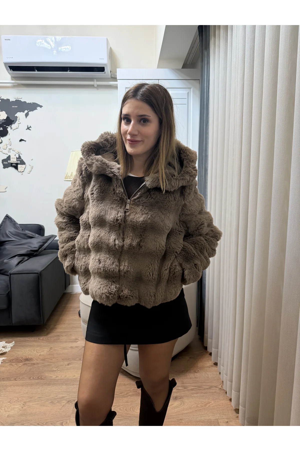 Premium Kapüşonlu Kürk Mont Kahverengi