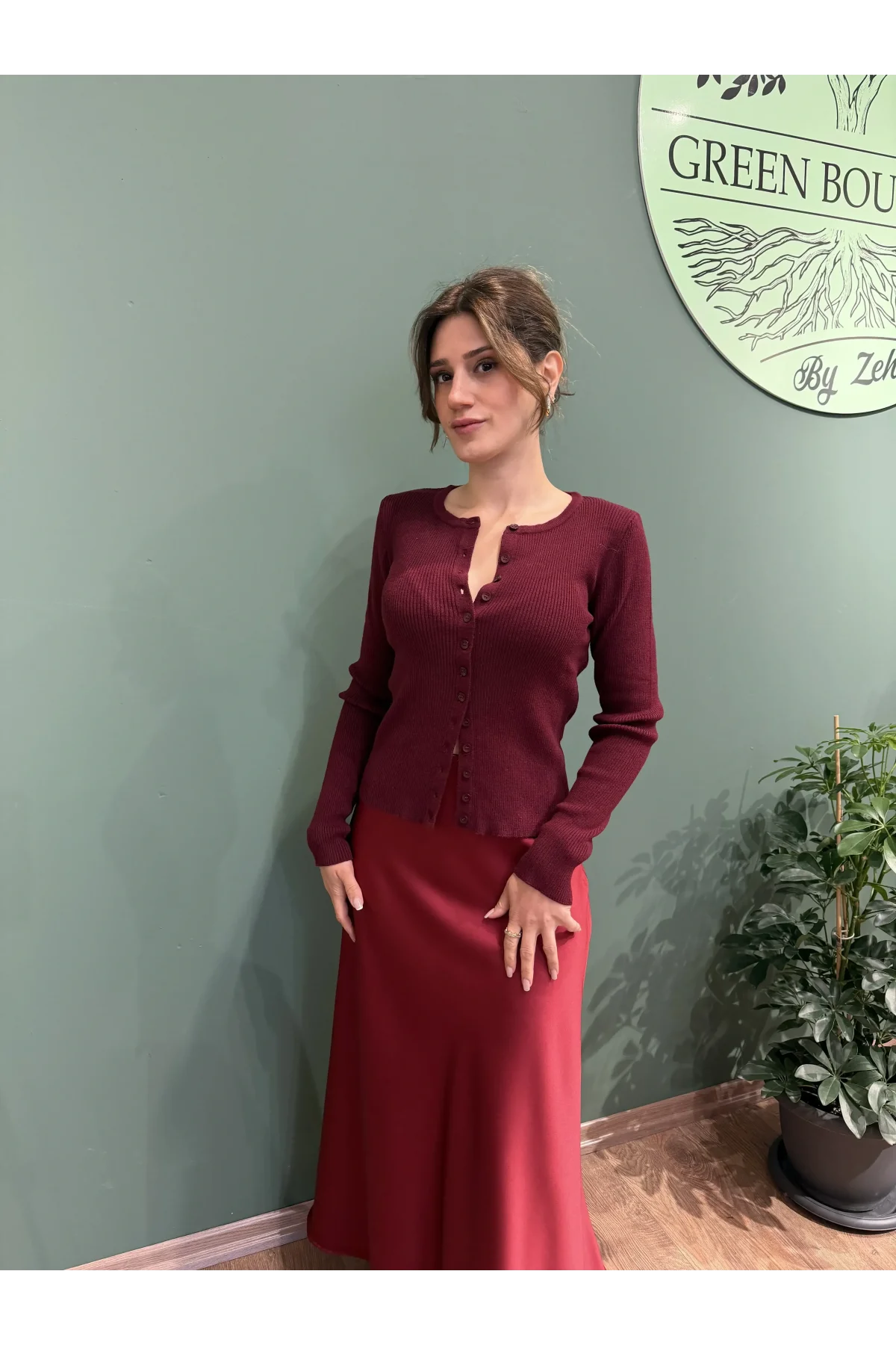 Saten Uzun Etek Bordo