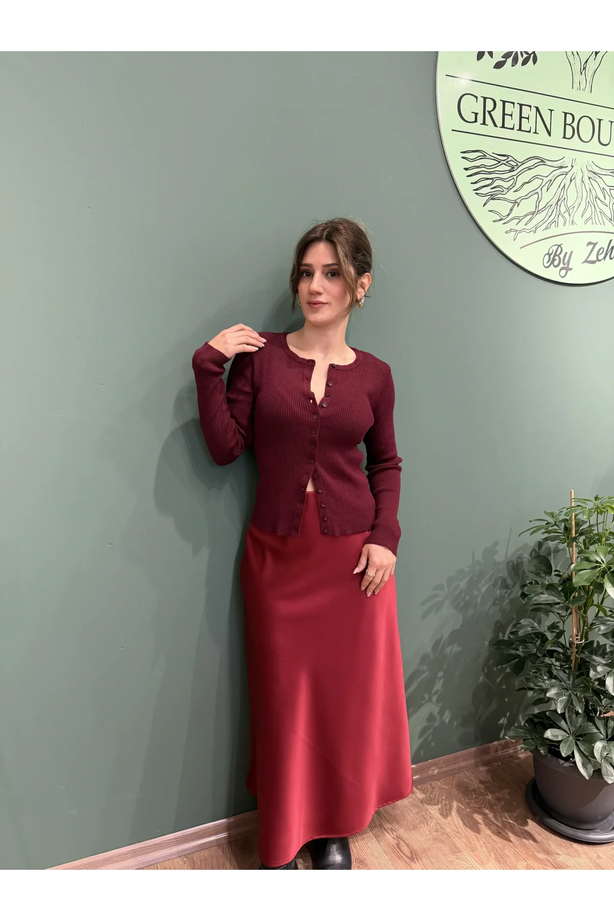 Saten Uzun Etek Bordo