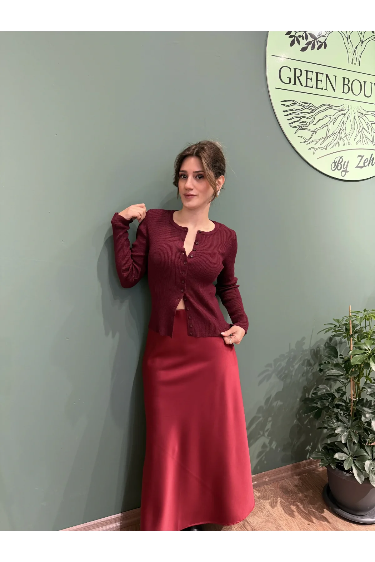 Saten Uzun Etek Bordo