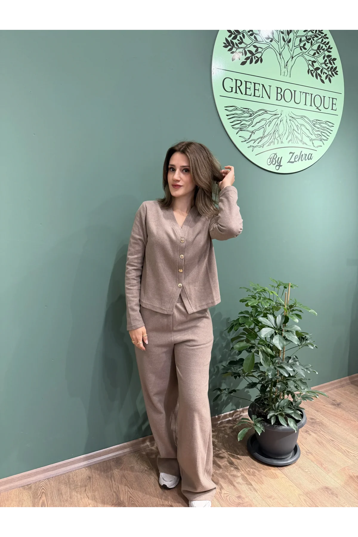 Selanik Triko Model Hırka Pantolon Takım Bej