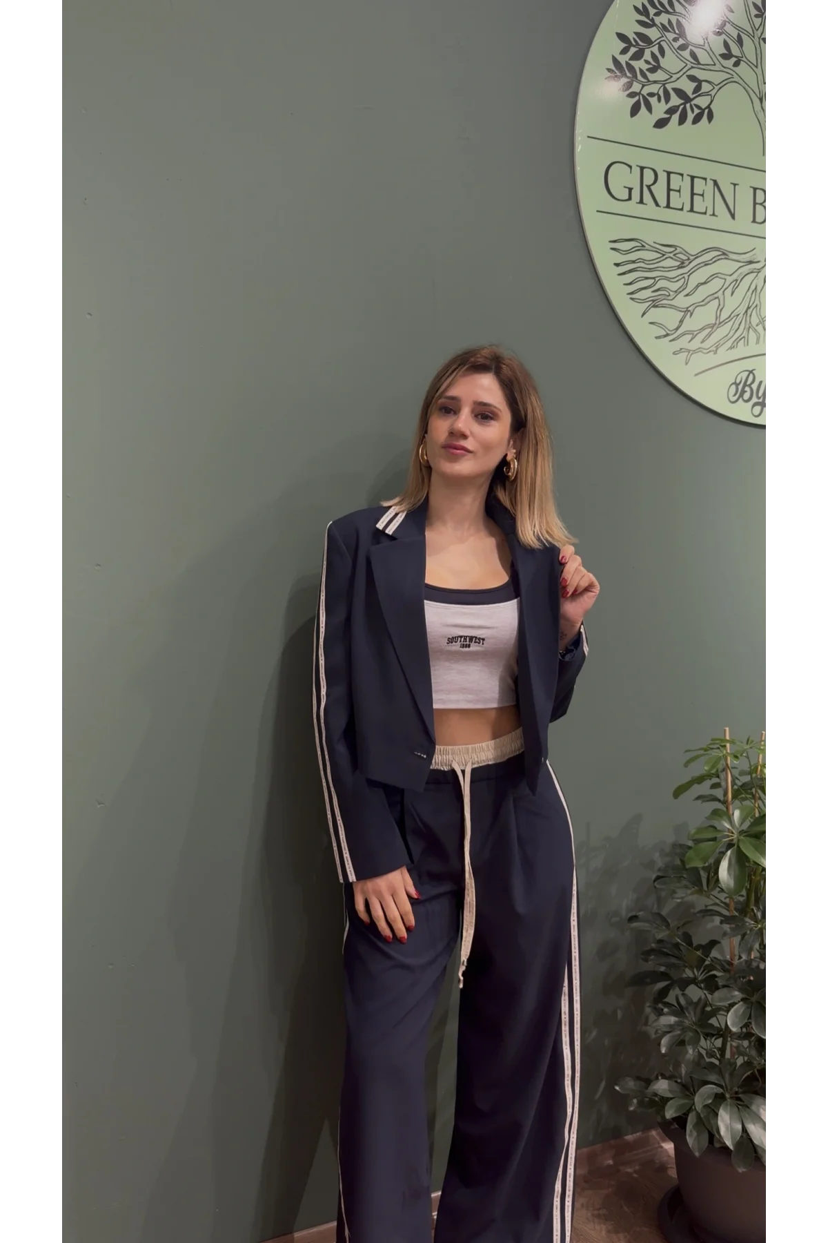 Şerit Yazı Detaylı Yüksek Bel Pantolon Lacivert