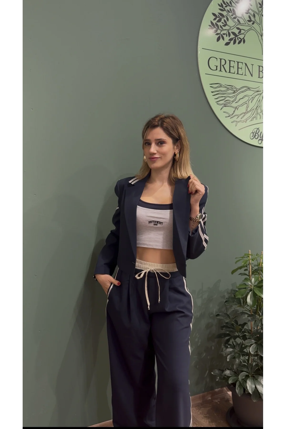 Şerit Yazı Detaylı Yüksek Bel Pantolon Lacivert