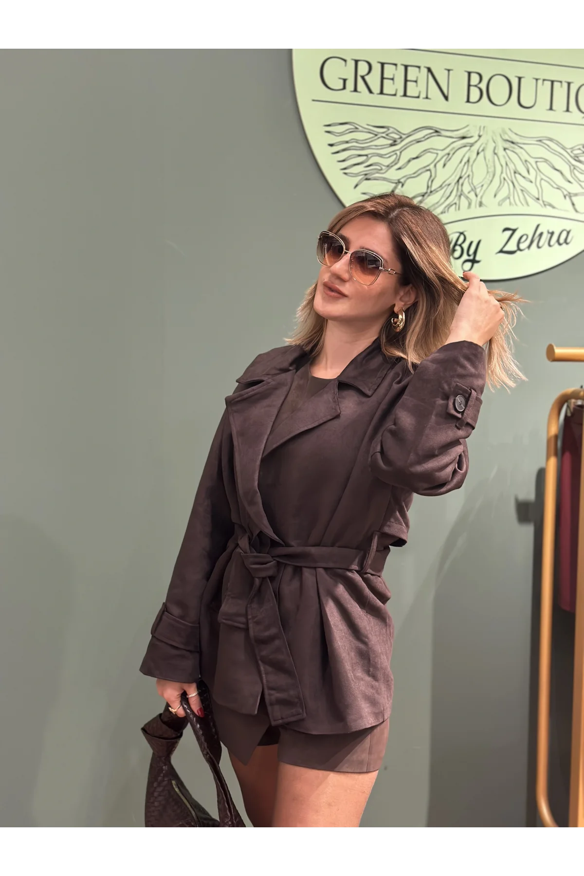 Kısa Kemerli Trenç Ceket Kahverengi