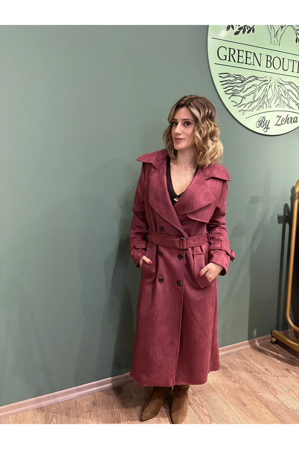 Süet Trençkot Bordo