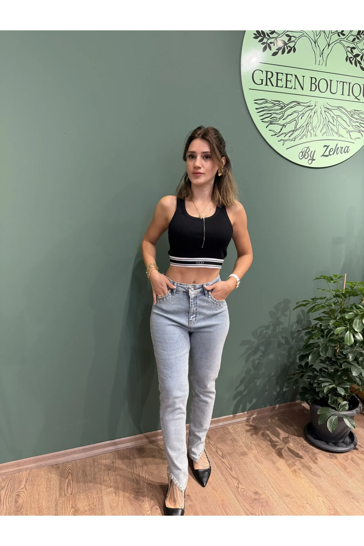 Taşlı Likralı Paçası Taşlı Püsküllü Jean Pantolon