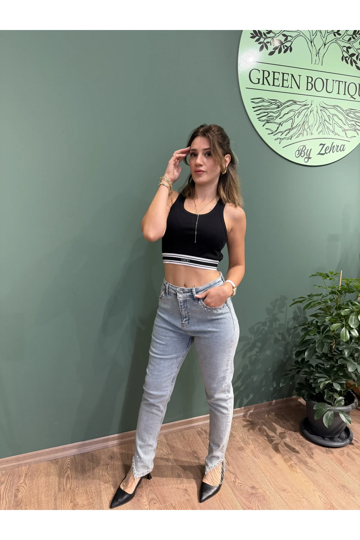 Taşlı Likralı Paçası Taşlı Püsküllü Jean Pantolon