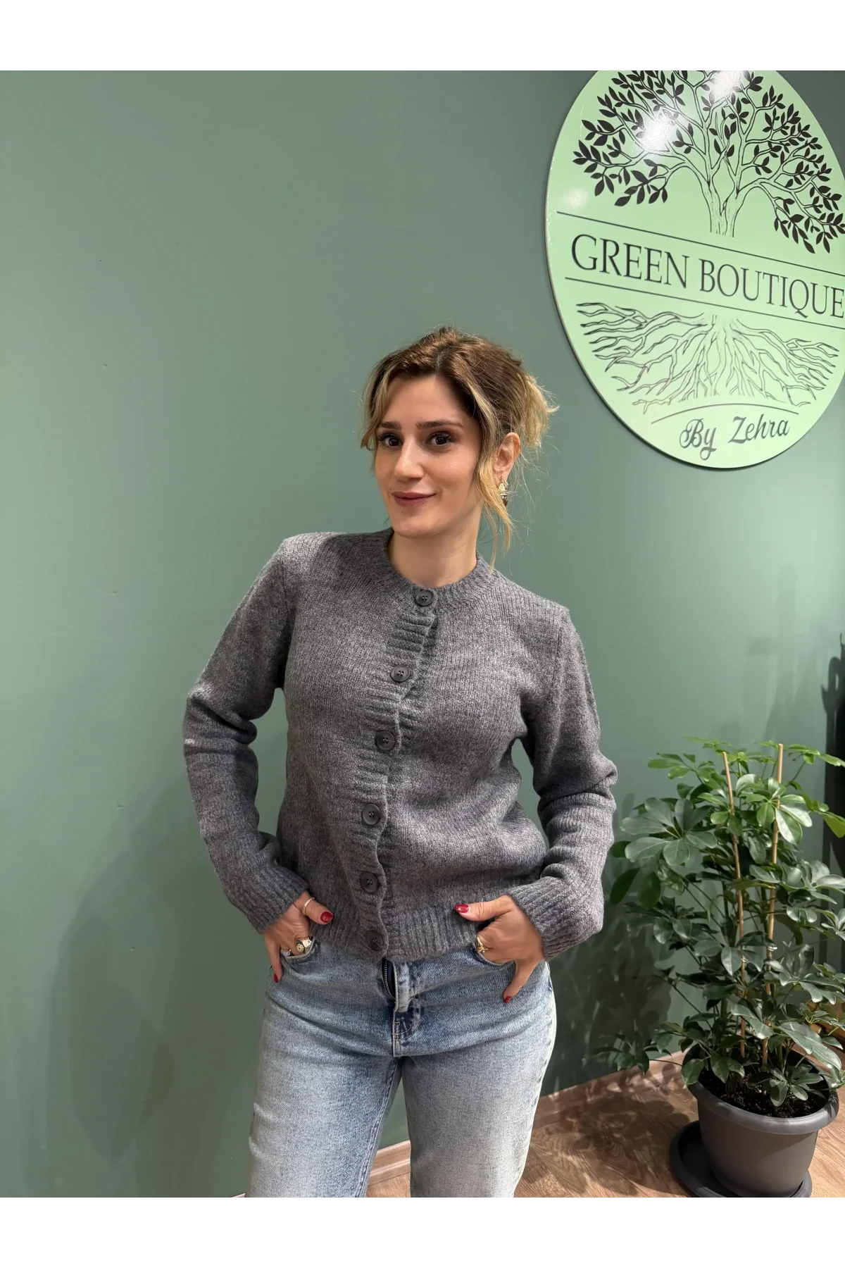 Düğmeli Triko Hırka Gri