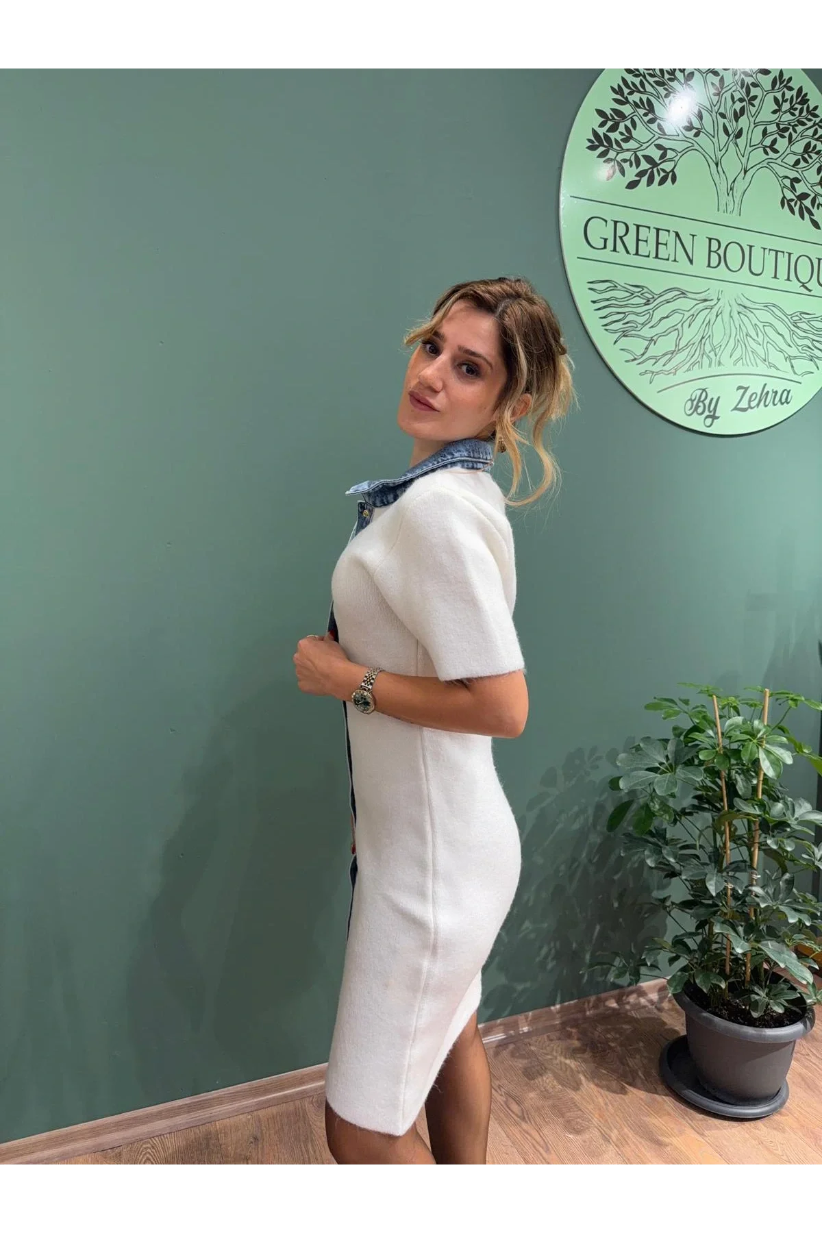 Triko Jean Detaylı Çıtçıtlı Elbise Beyaz