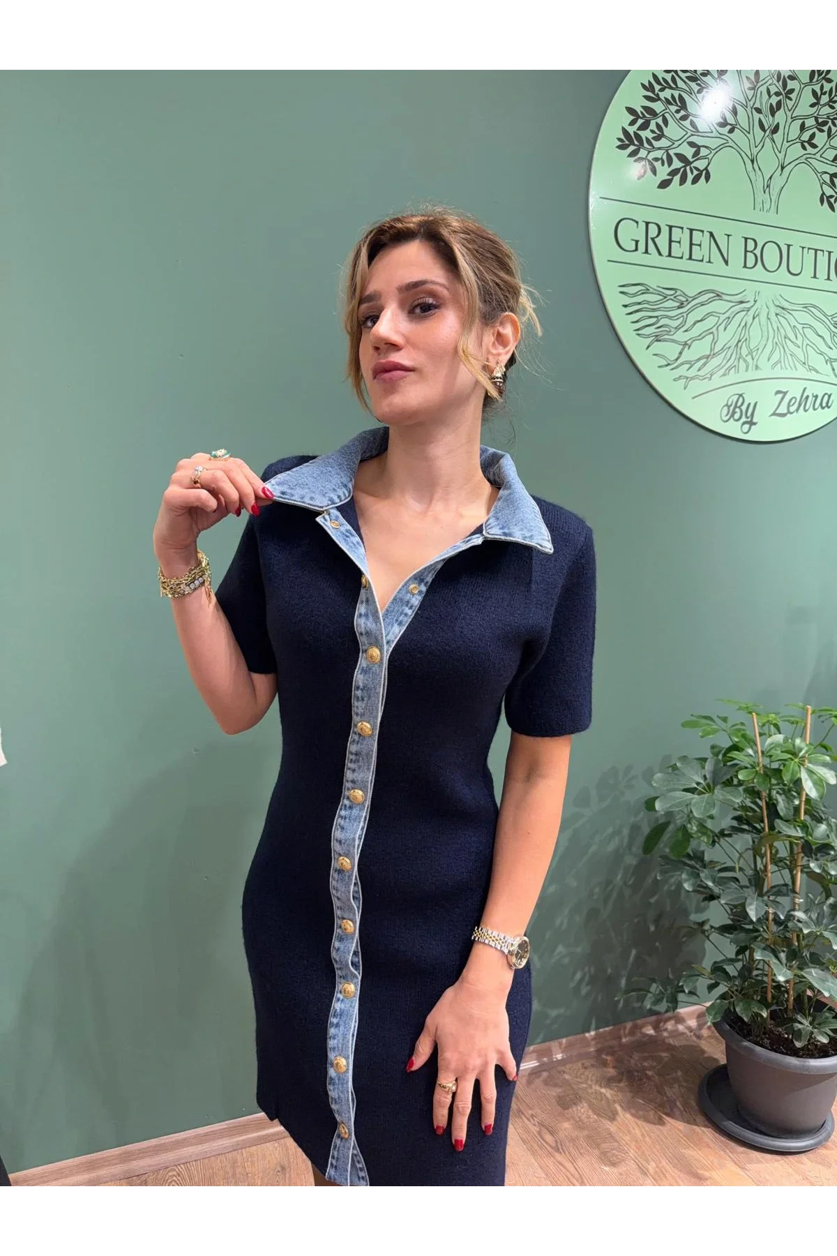 Triko Jean Detaylı Çıtçıtlı Elbise Lacivert