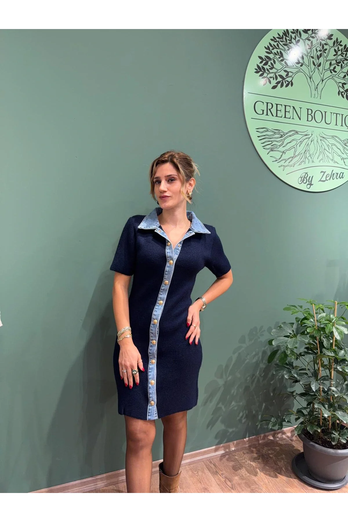 Triko Jean Detaylı Çıtçıtlı Elbise Lacivert