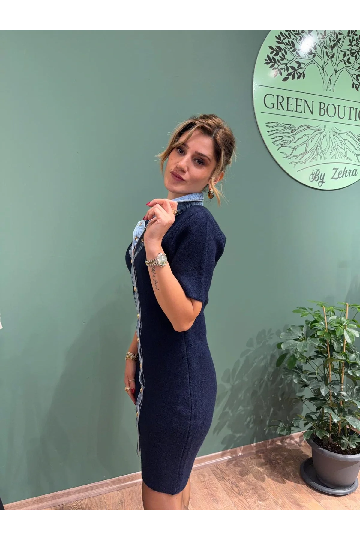 Triko Jean Detaylı Çıtçıtlı Elbise Lacivert