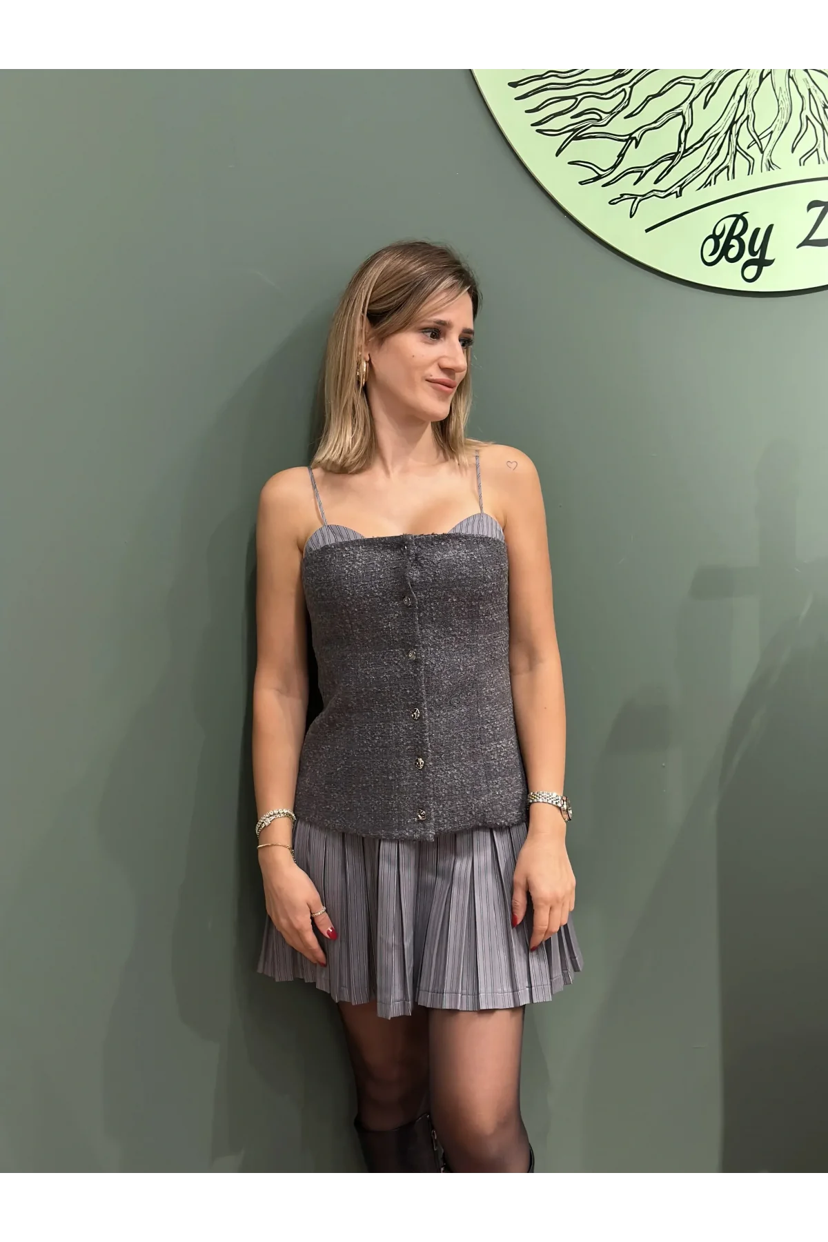 Tüvit Büstiyer Garnili Pileli Mini Elbise Antrasit