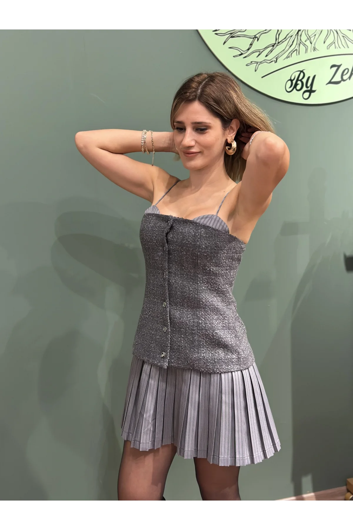 Tüvit Büstiyer Garnili Pileli Mini Elbise Antrasit