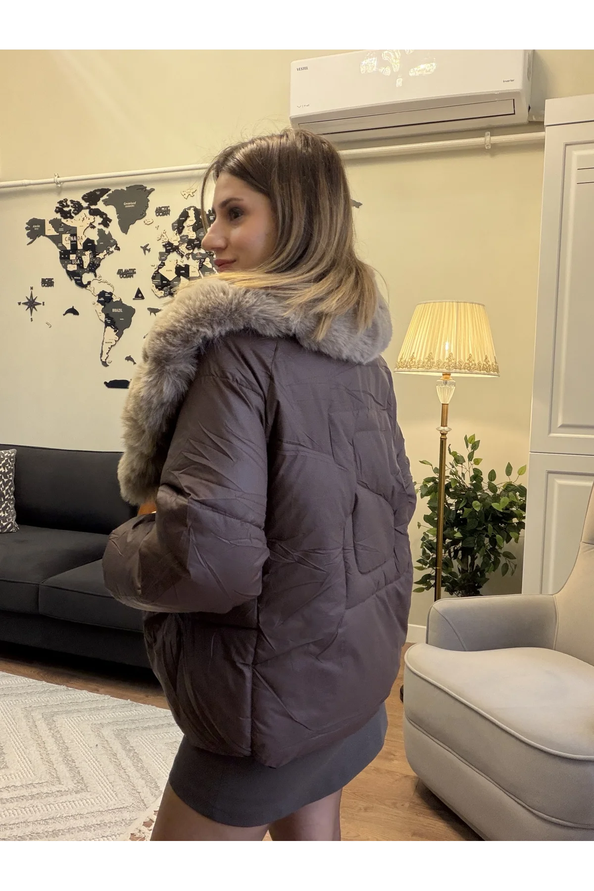 Yaka Peluşlu Şişme Mont Kahverengi