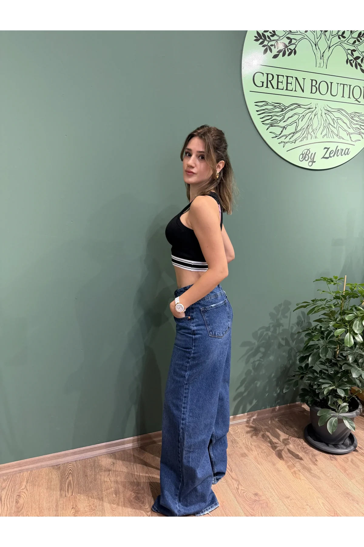 Yüksek Bel Bol Paça Jean Koyu Mavi