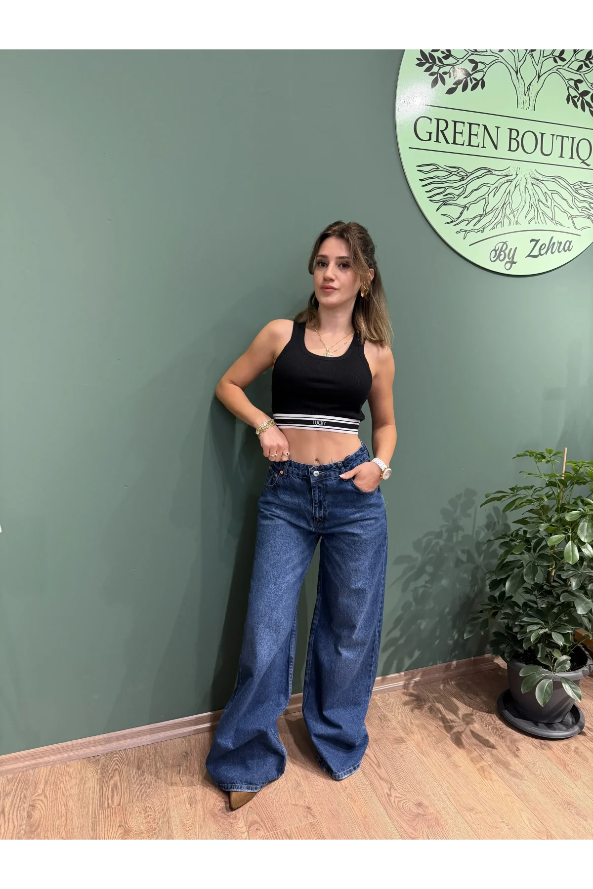 Yüksek Bel Bol Paça Jean Koyu Mavi