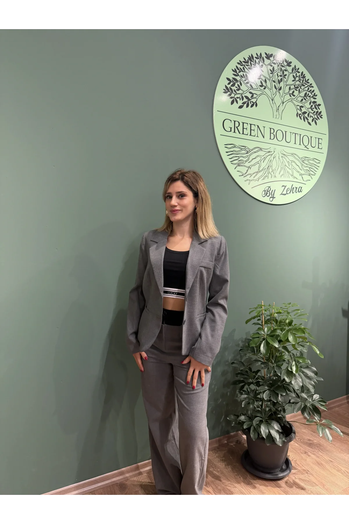 Yüksek Bel İki Renk Tarz Kumaş Pantolon Koyu Gri