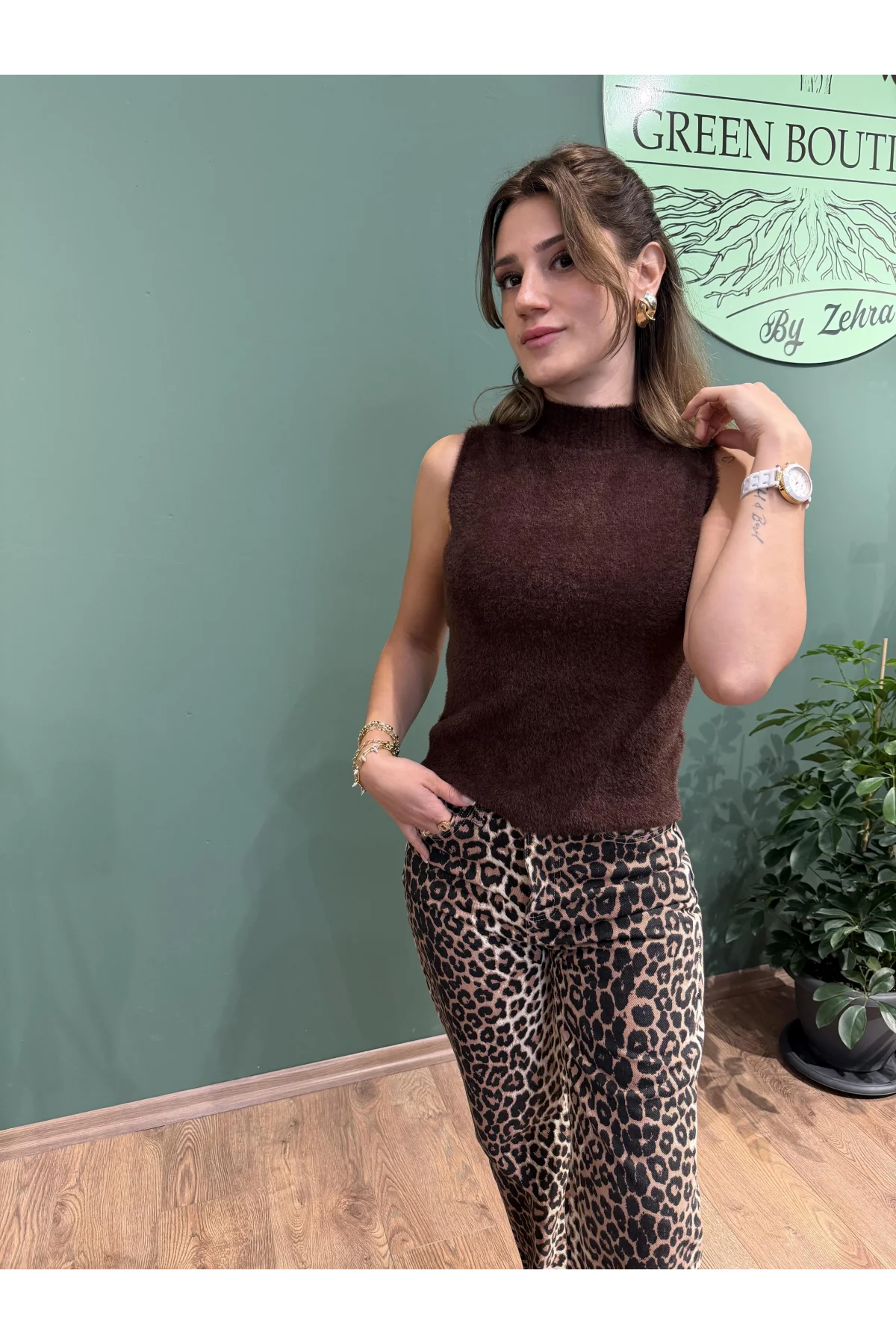 Leopar Yüksek Bel Jean Pantolon