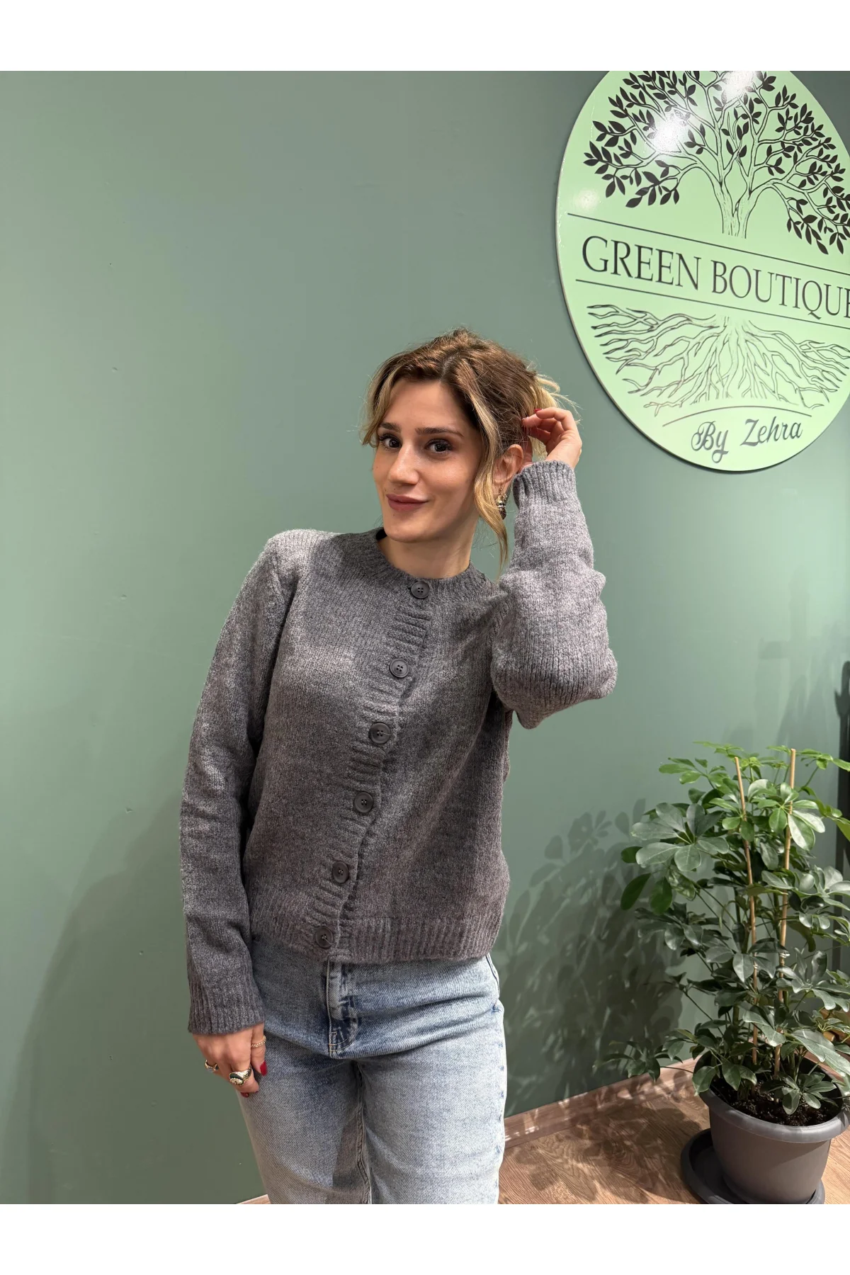 Düğmeli Triko Hırka Gri