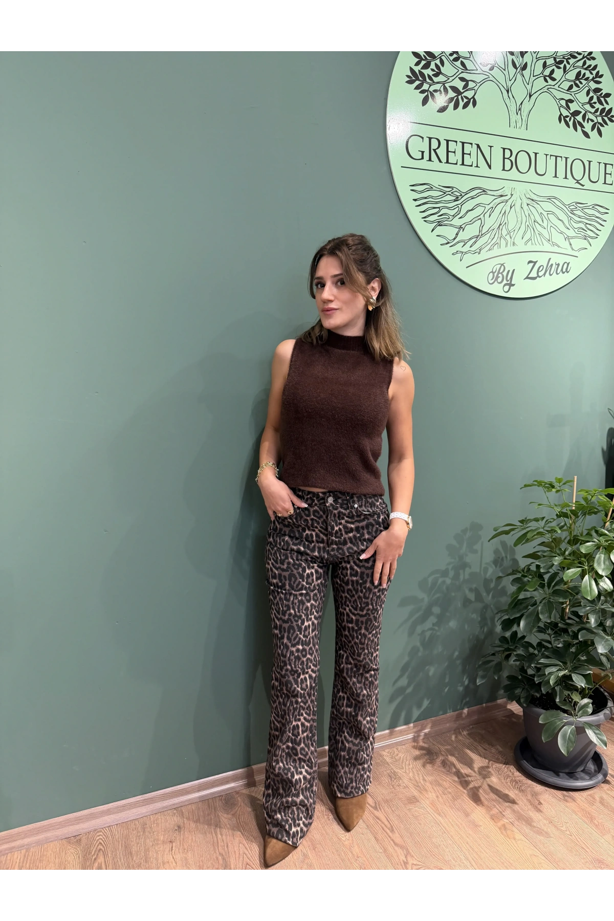 % 100 Pamuk Leopar Straight Jean Kahverengi