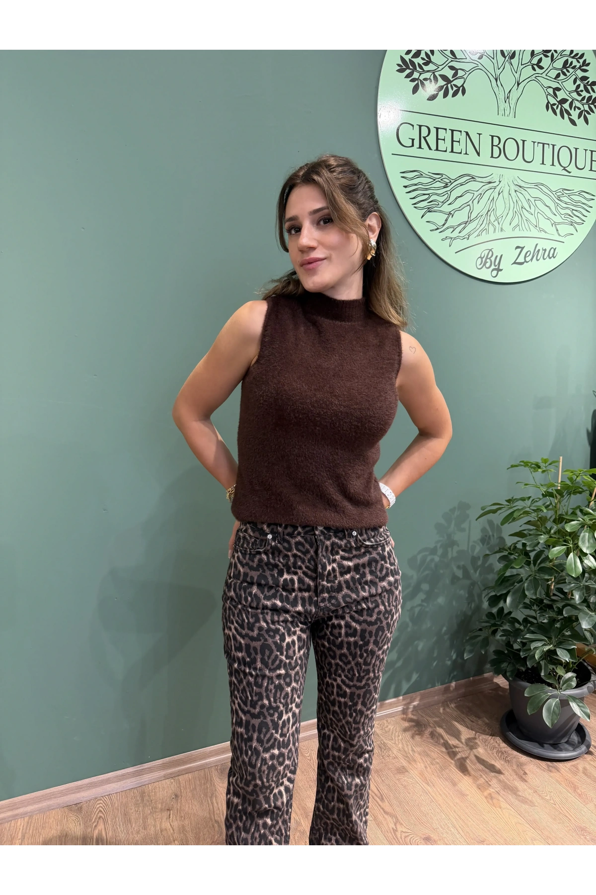 % 100 Pamuk Leopar Straight Jean Kahverengi