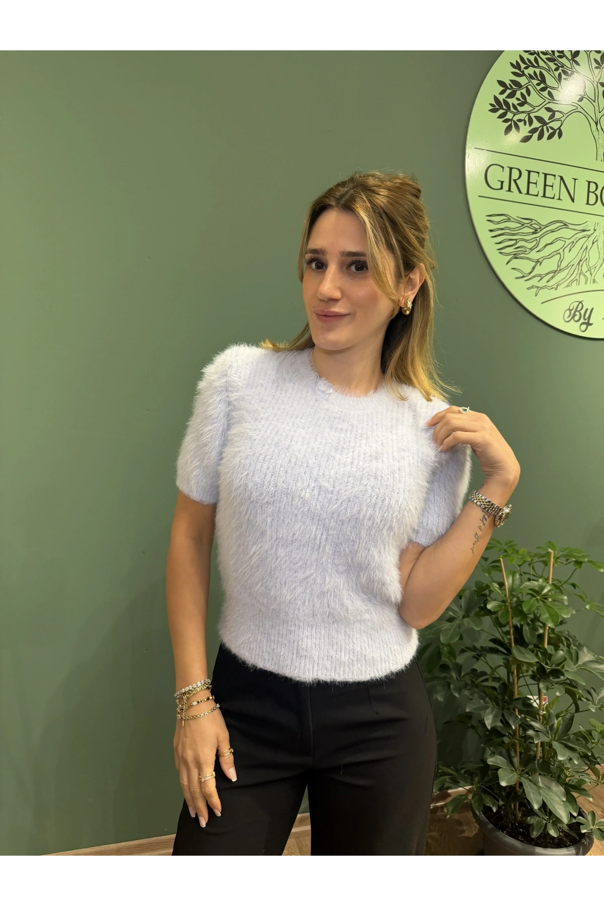 Bisiklet Yaka Yumuşak Dokulu Triko Kısa Kollu Kazak Mavi