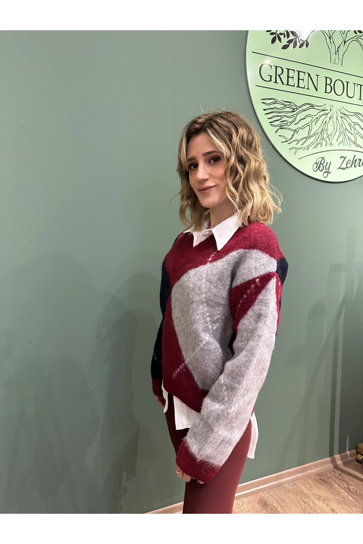 Bordo V Yaka Baklava Desenli Triko Kazak