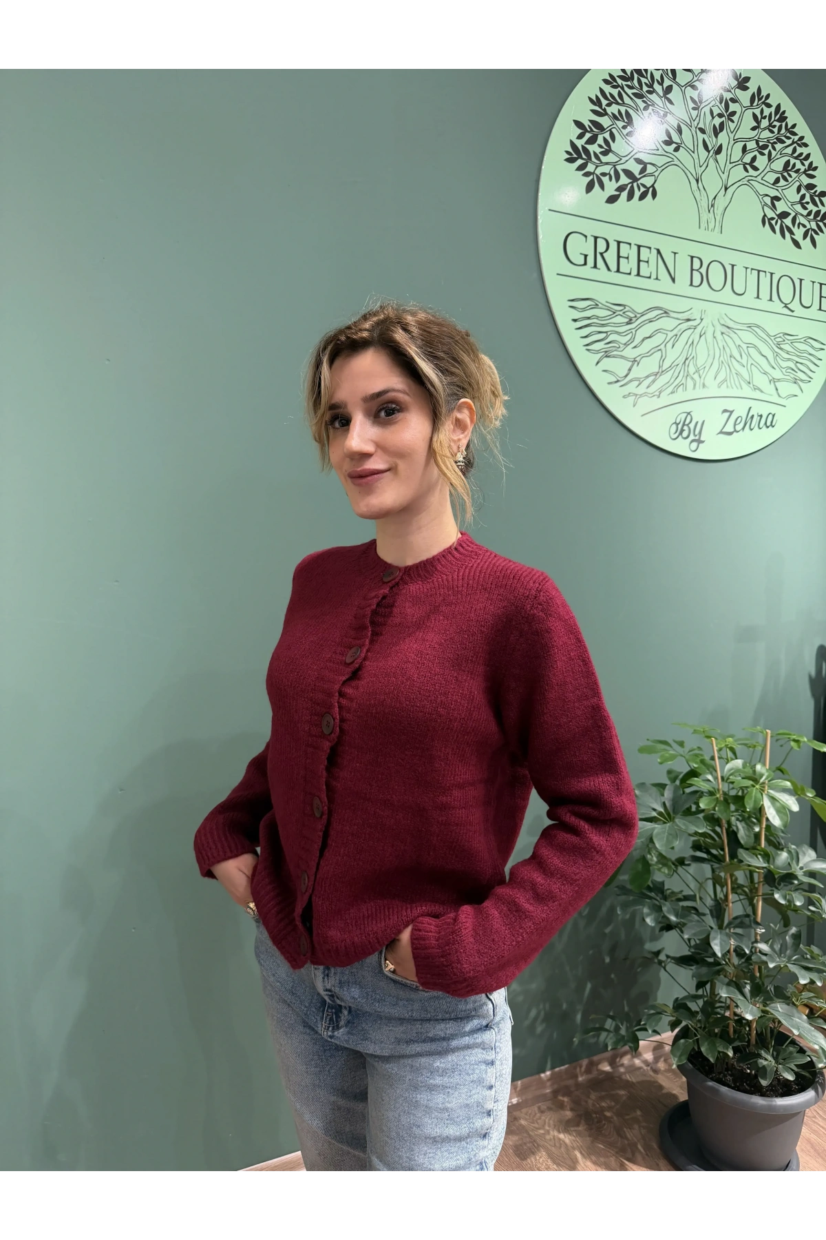 Düğmeli Triko Hırka Bordo