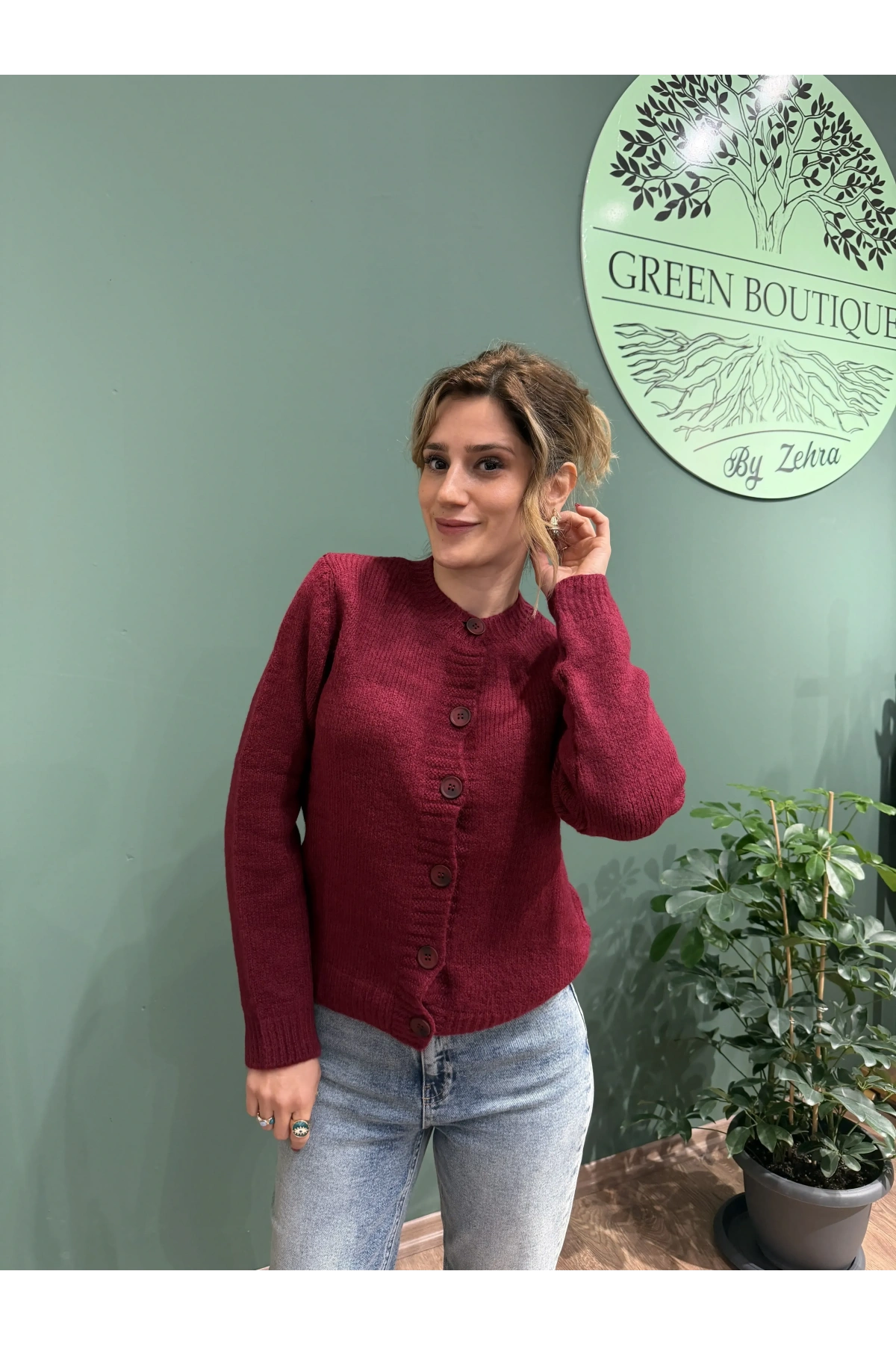 Düğmeli Triko Hırka Bordo