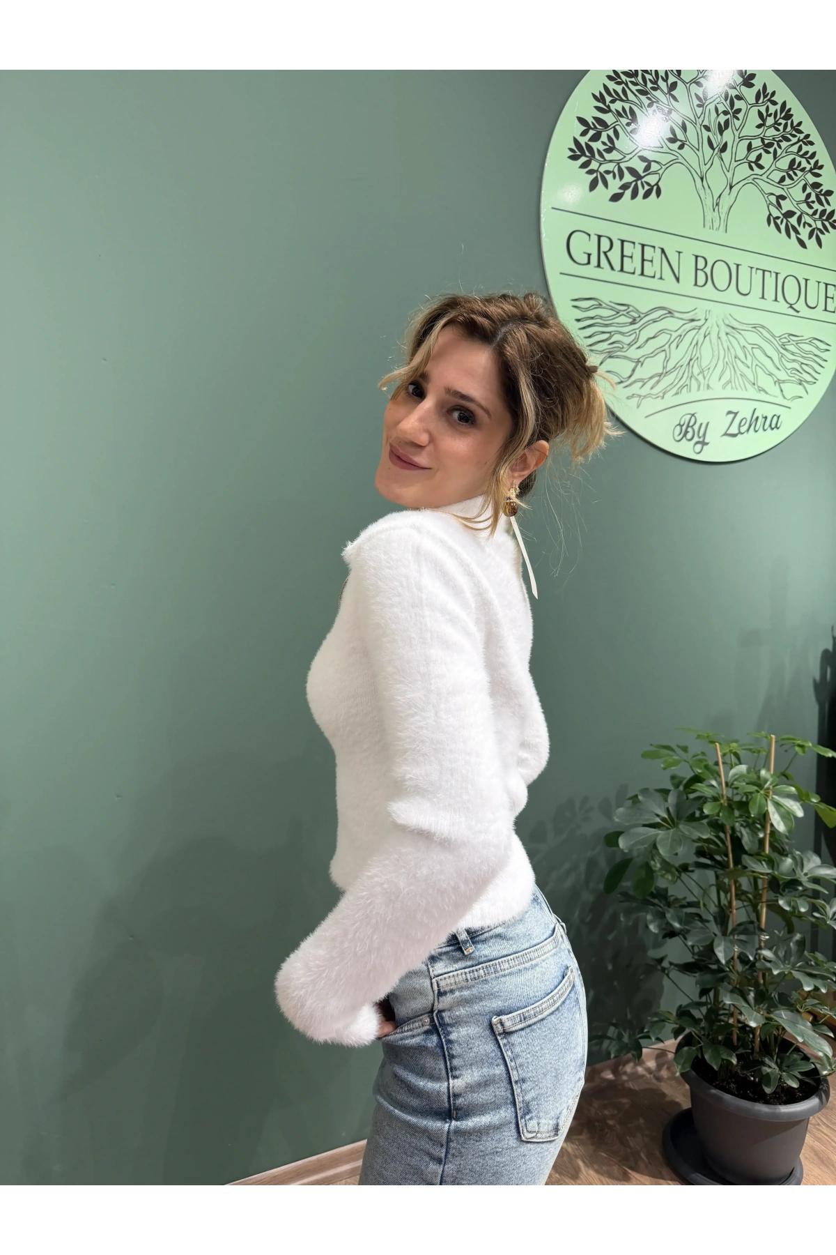 Fermuarlı Triko Kazak Beyaz