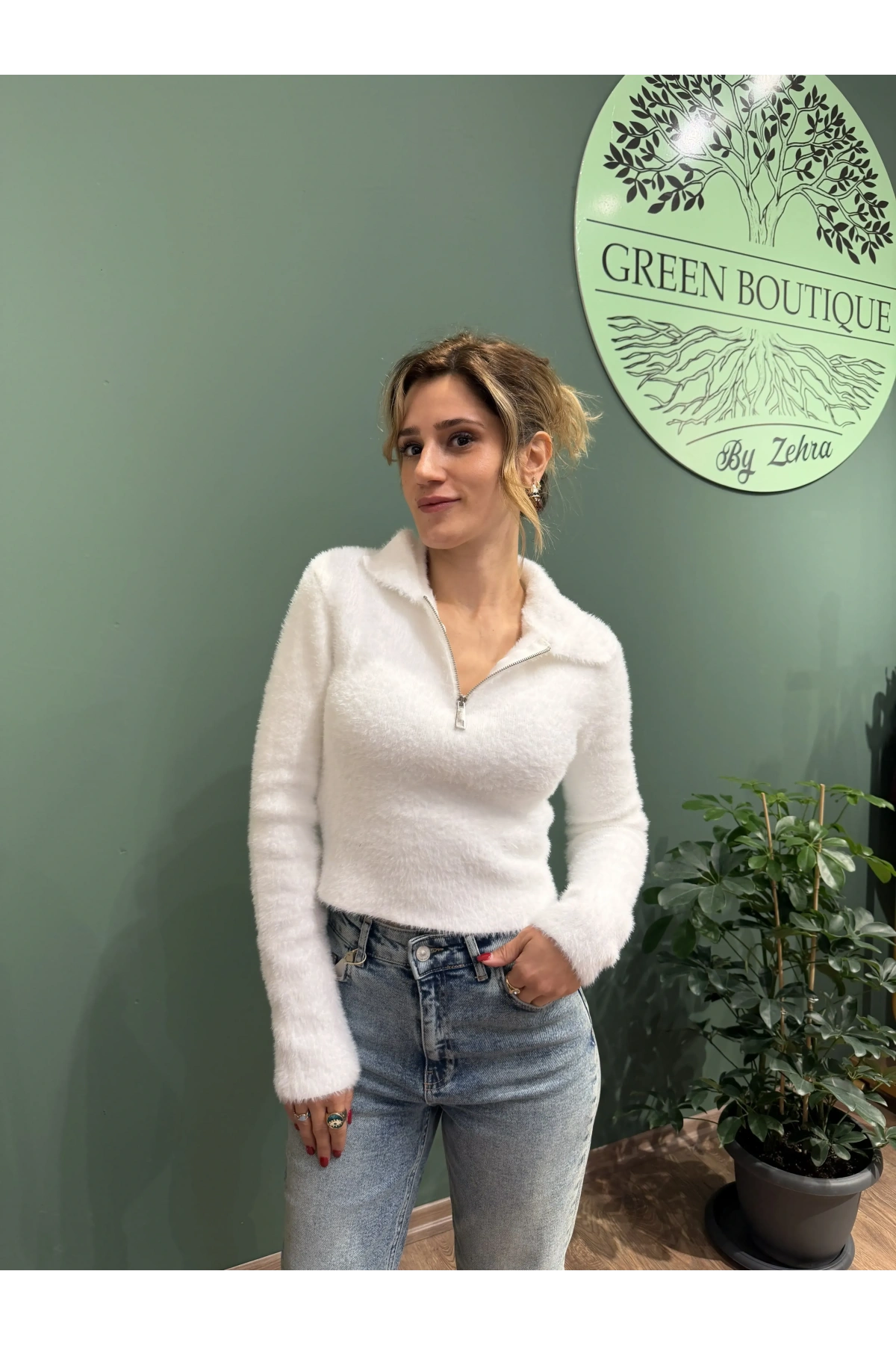 Fermuarlı Triko Kazak Beyaz