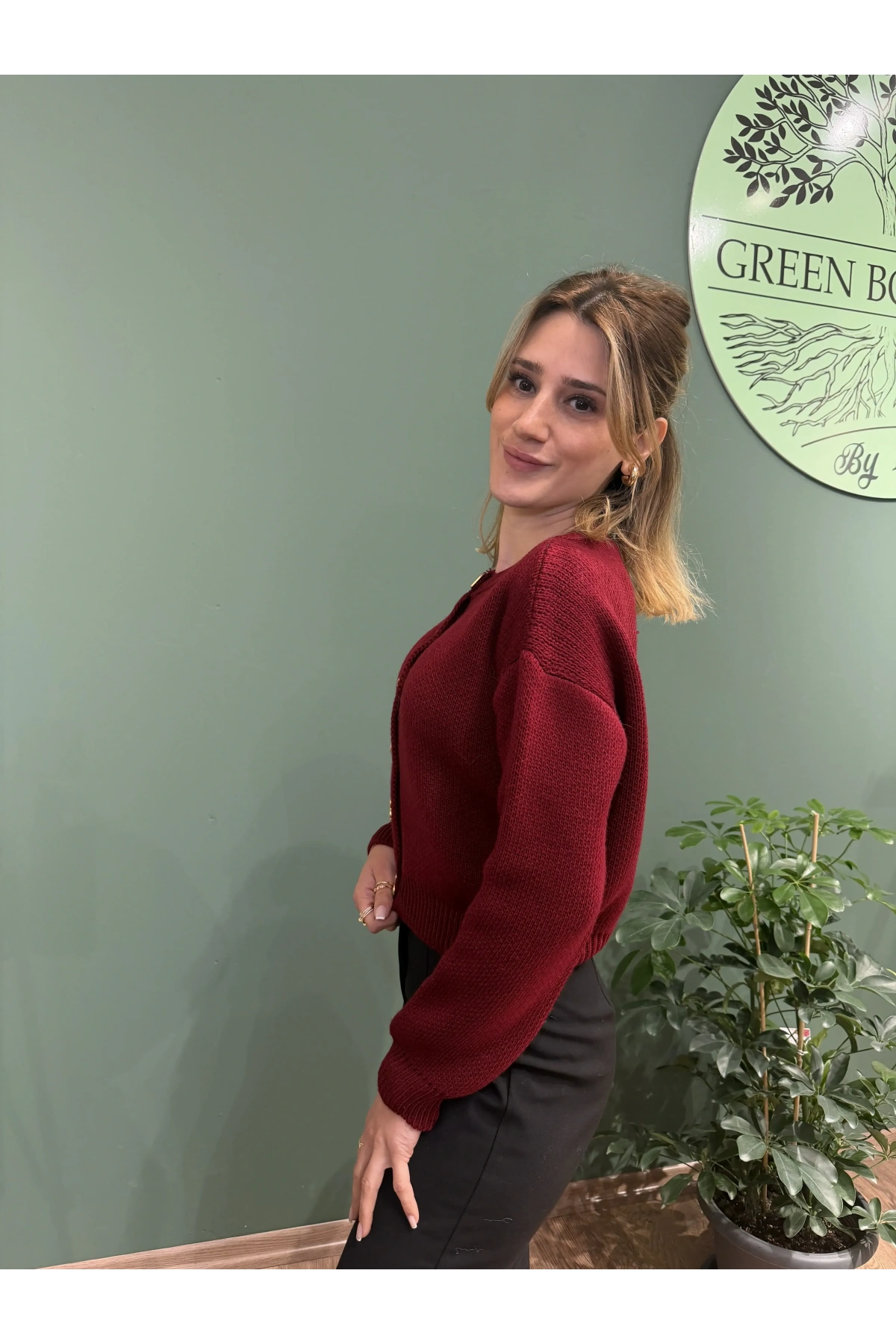 Gold Kalp Düğmeli Bisiklet Yaka Hırka Bordo