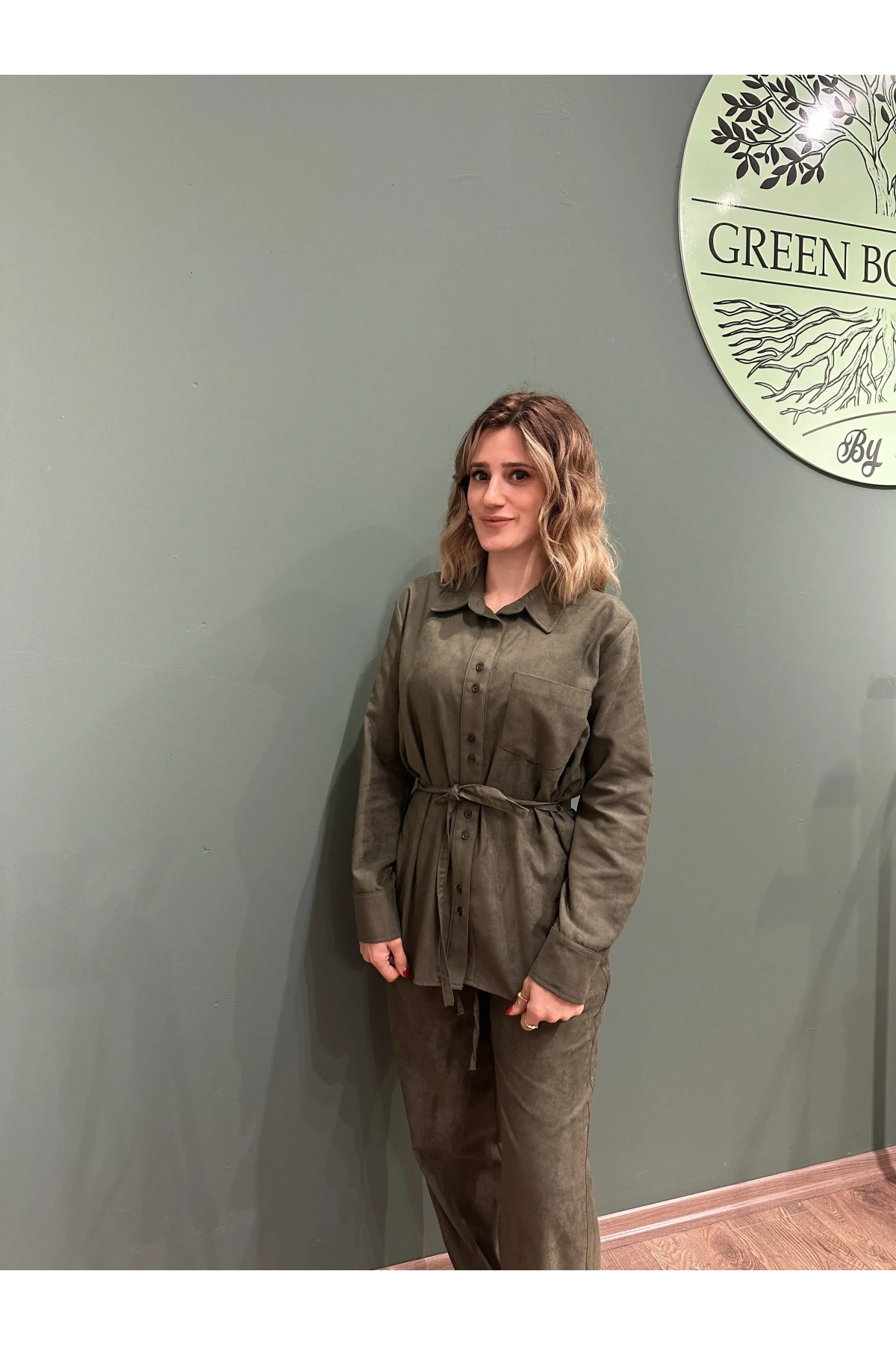 İnce Süet Pantolon Gömlek Takım Haki Yeşil