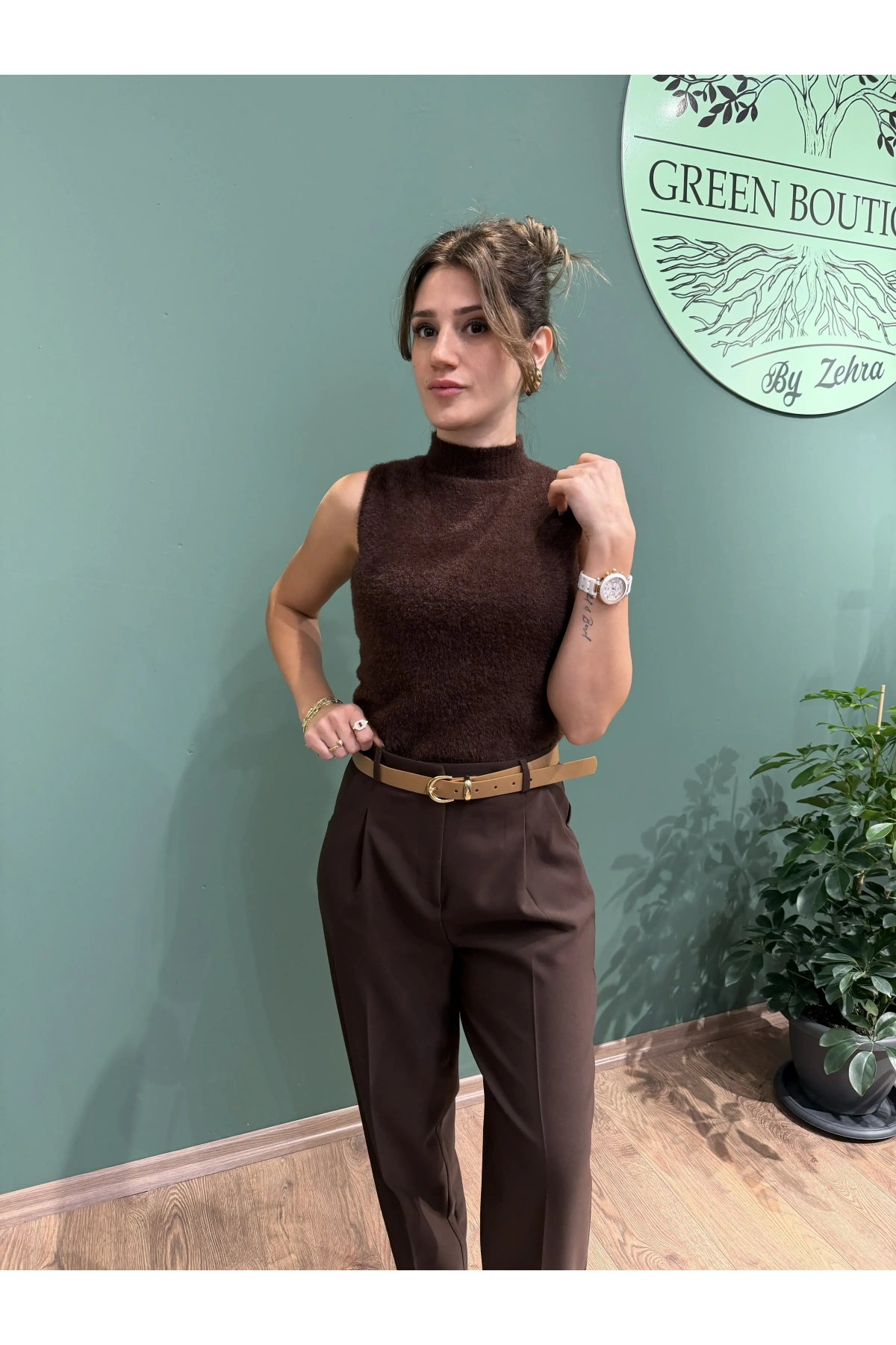 Kemerli Kumaş Pantolon Kahverengi