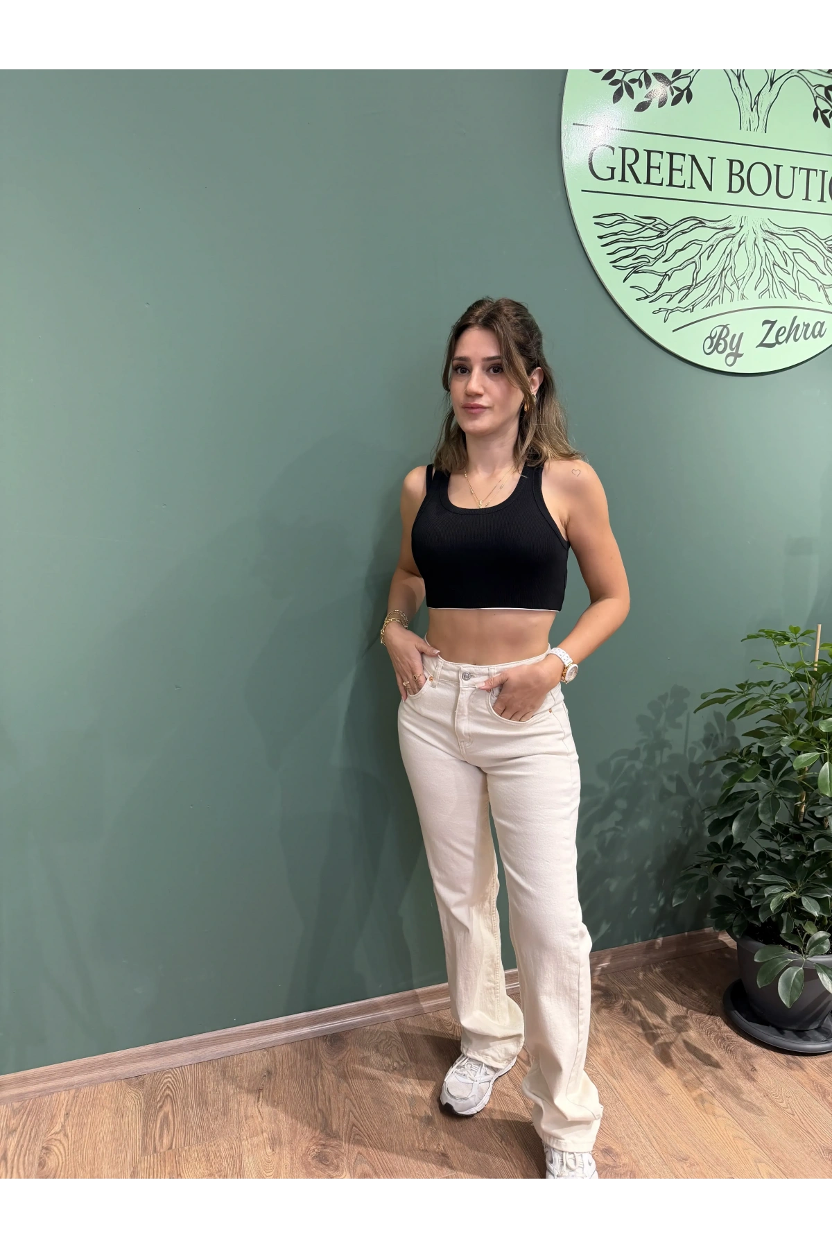 Krem Yüksek Bel Likralı Kot Pantolon