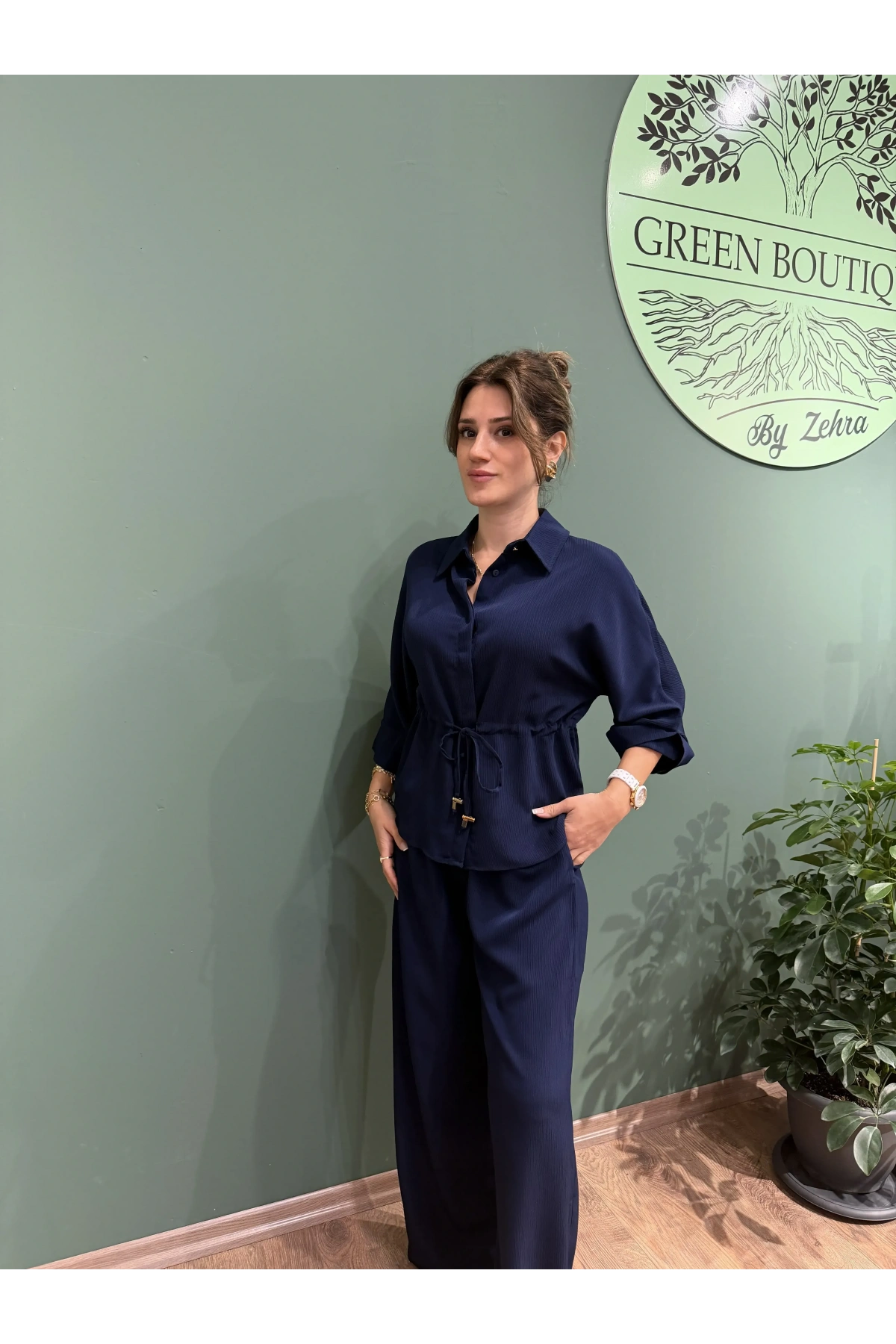 Lacivert Crinkle Kumaş Gömlek Pantolon Takım