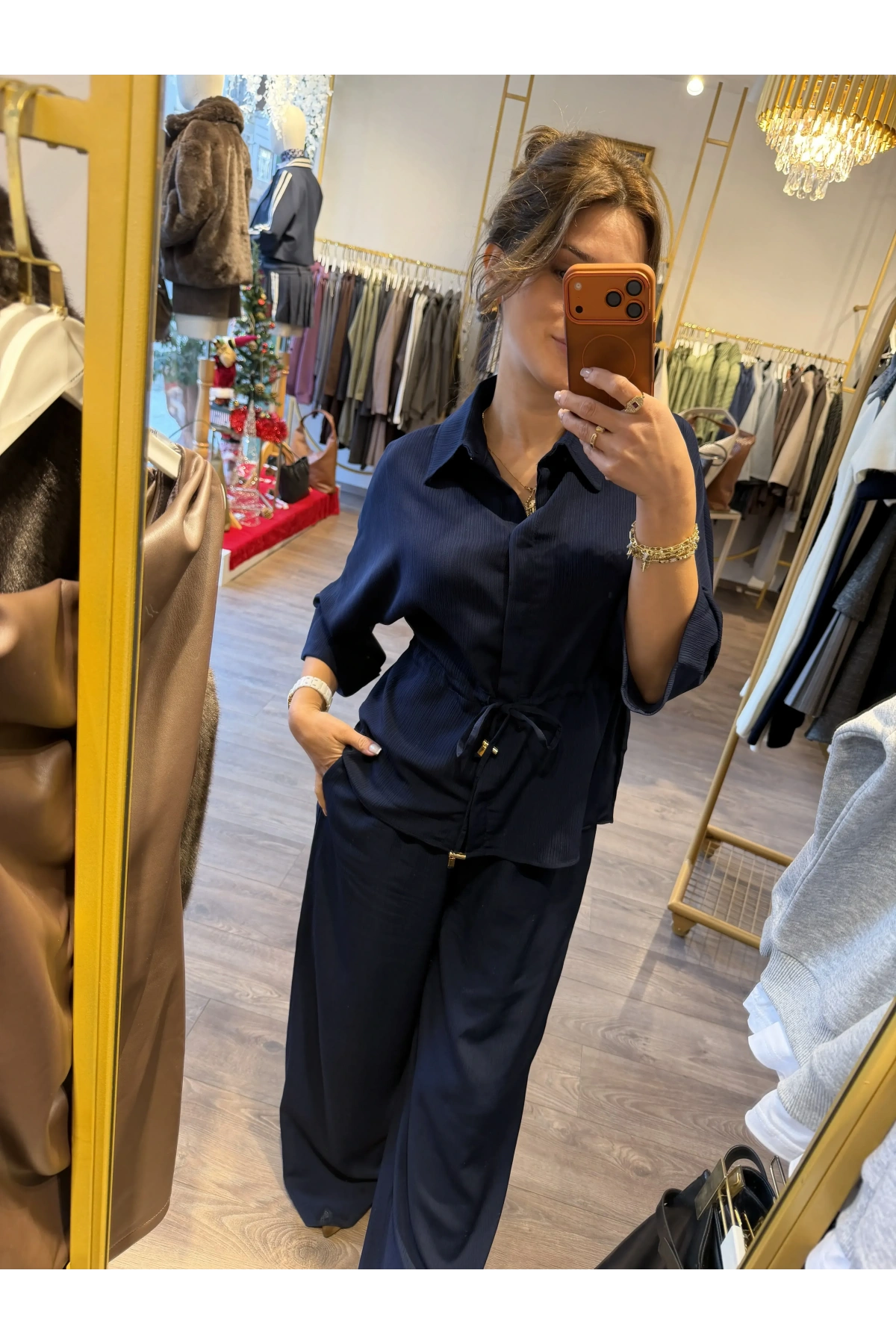 Lacivert Crinkle Kumaş Gömlek Pantolon Takım