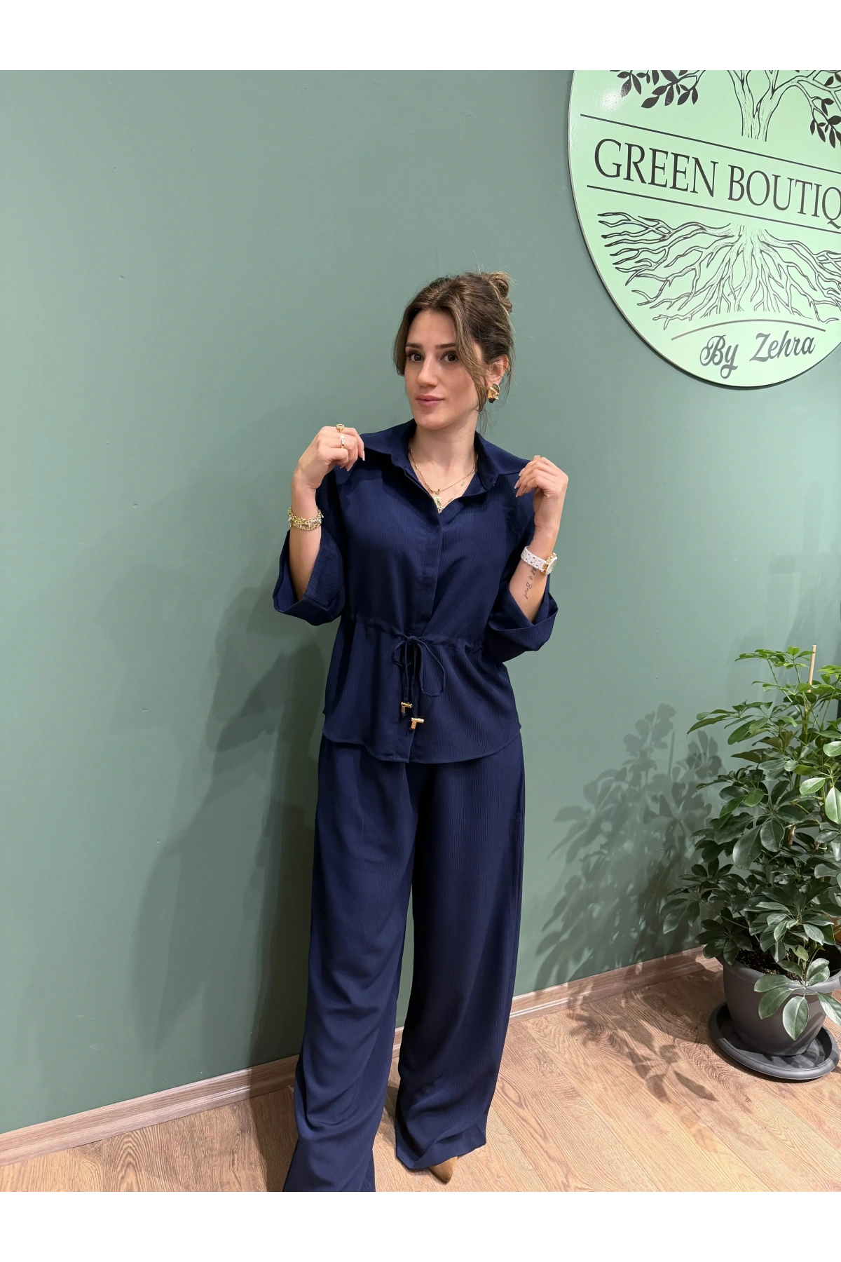 Lacivert Crinkle Kumaş Gömlek Pantolon Takım