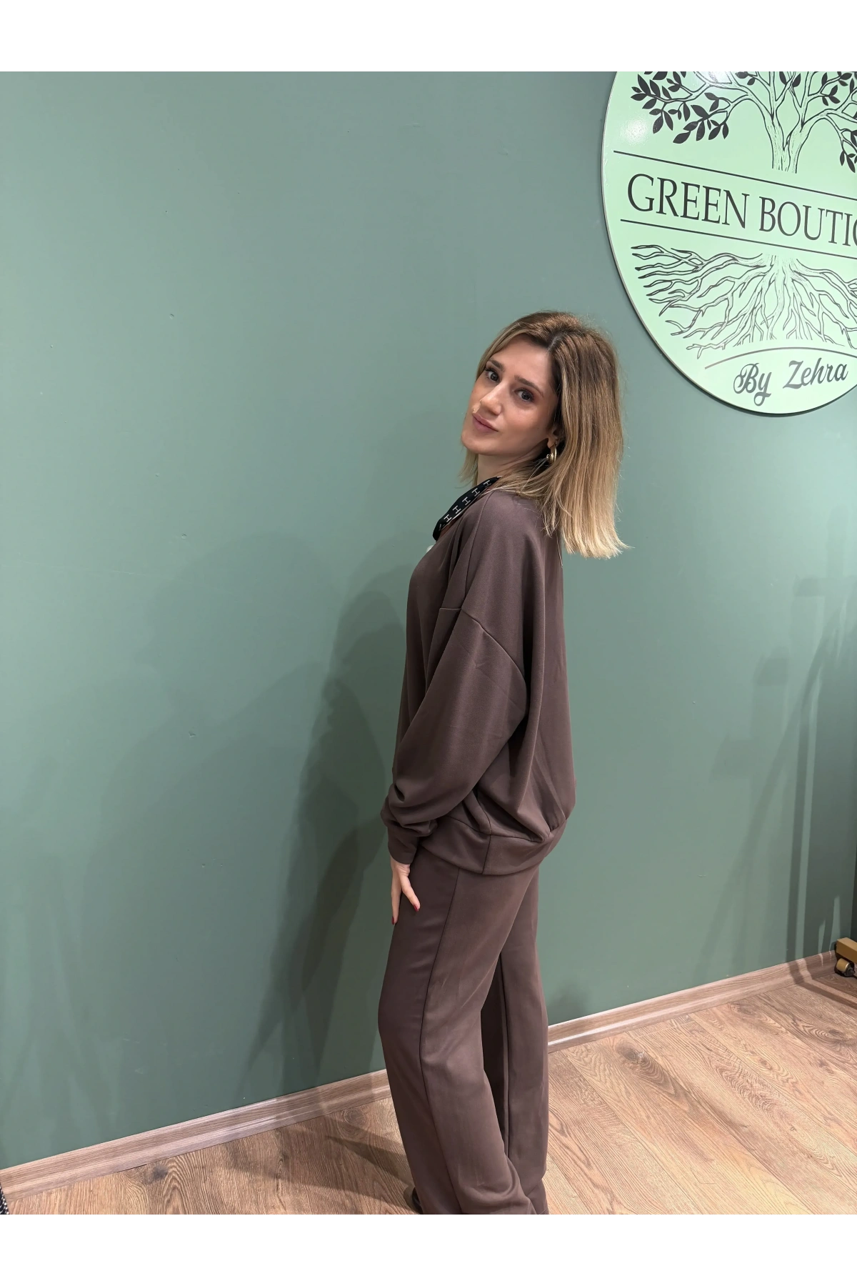 Modal Kumaş Fularlı Acıkahve Yazı Detaylı Eşofman Takım