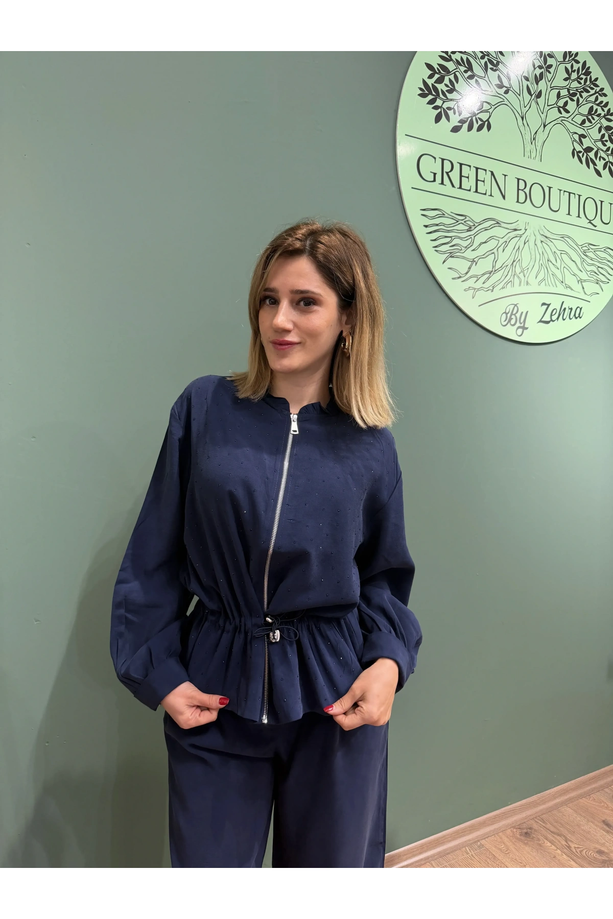 Önden Fermuarlı Pullu Belden Bağlamalı Lacivert Takım