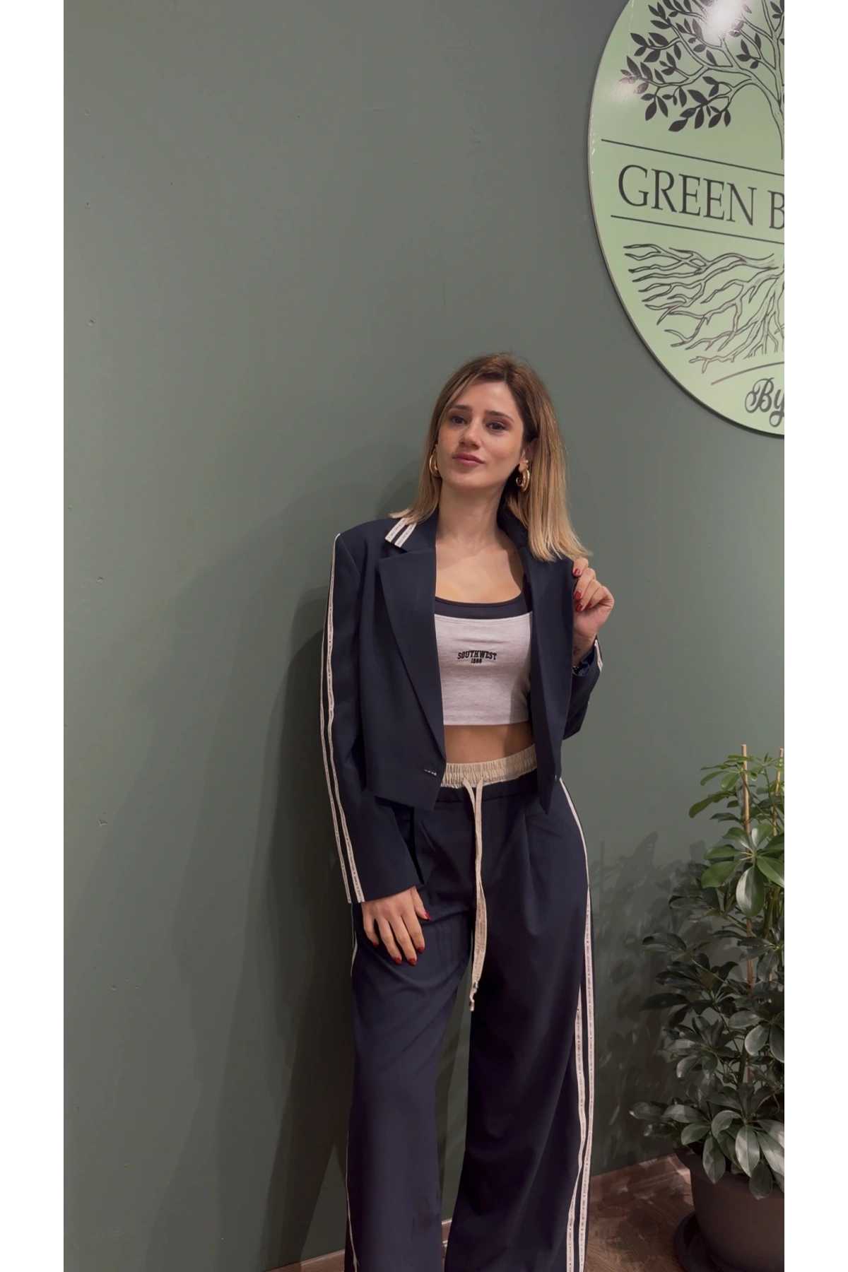 Şerit Yazı Detaylı Yüksek Bel Pantolon Lacivert