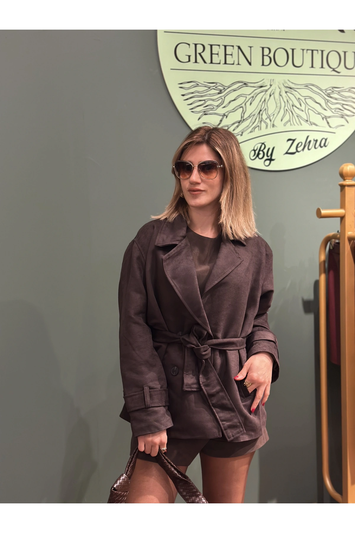 Süet Kemerli Ceket Kahverengi