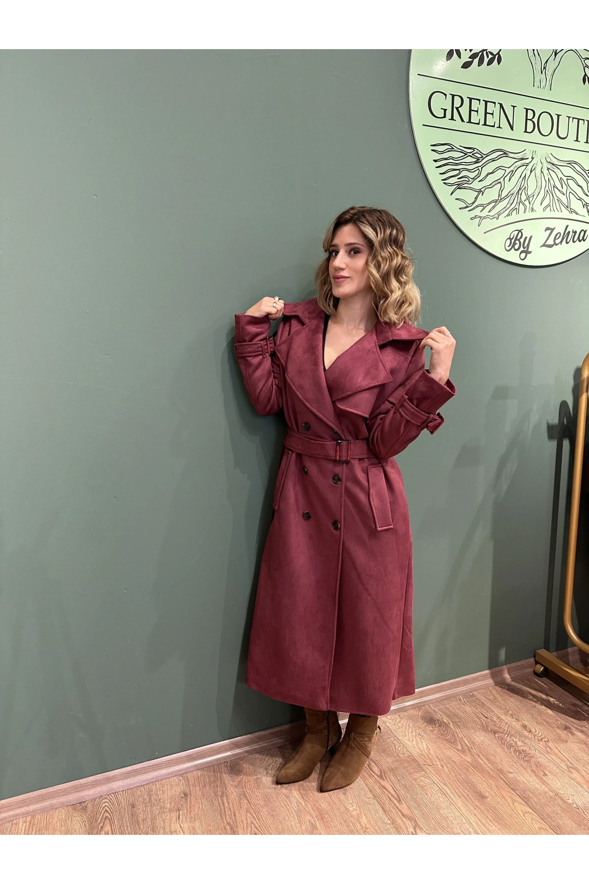 Süet Trençkot Bordo