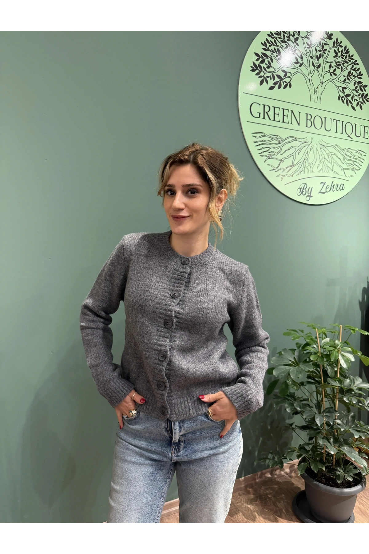 Düğmeli Triko Hırka Gri