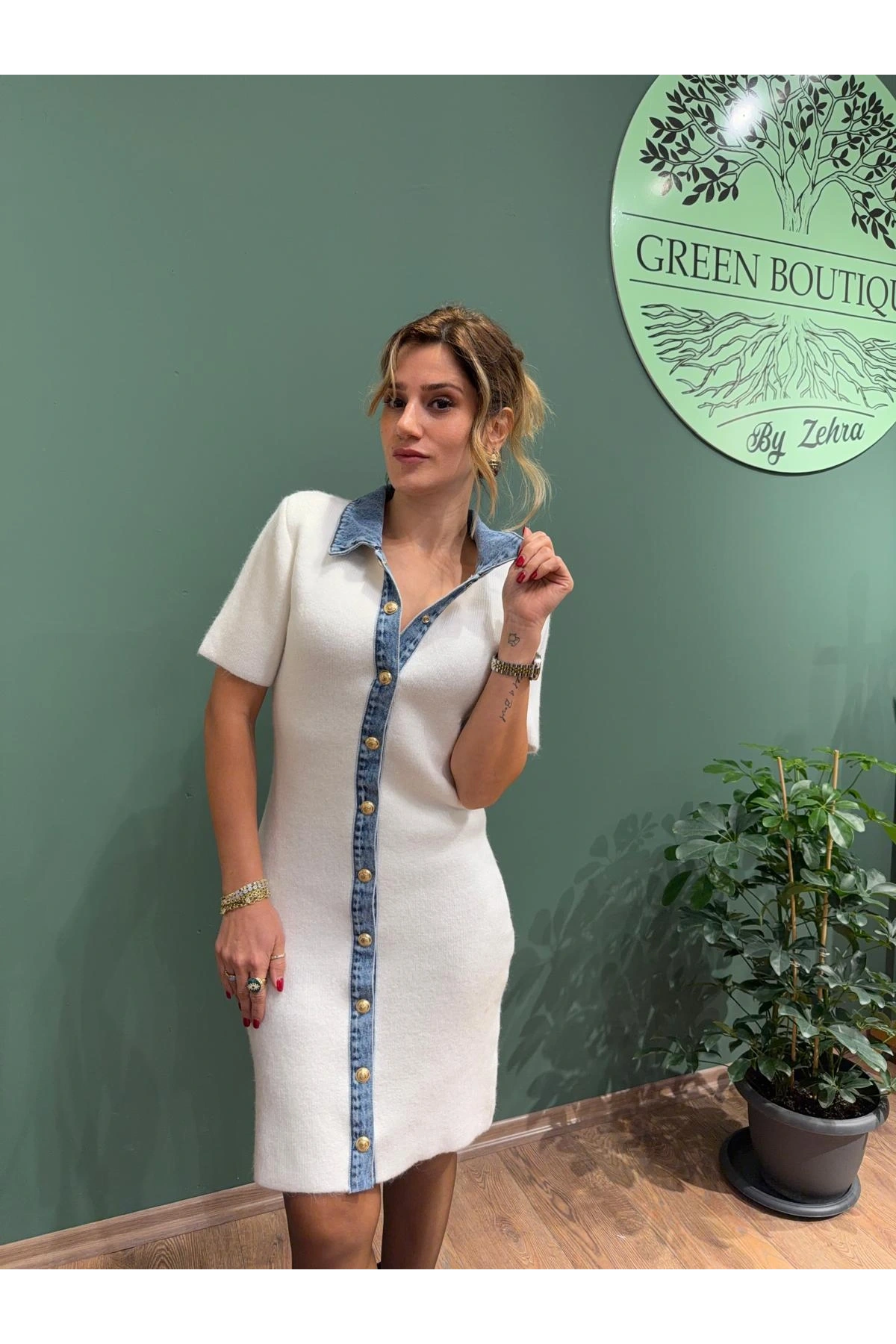 Triko Jean Detaylı Çıtçıtlı Elbise Beyaz