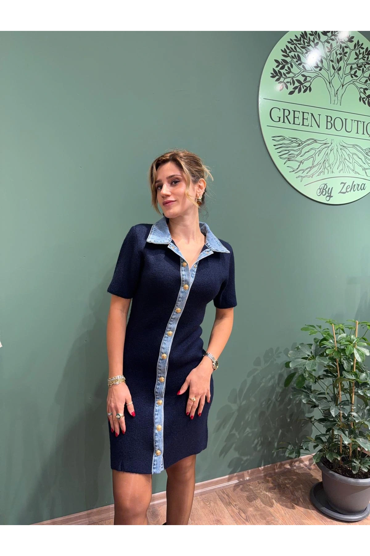 Triko Jean Detaylı Çıtçıtlı Elbise Lacivert