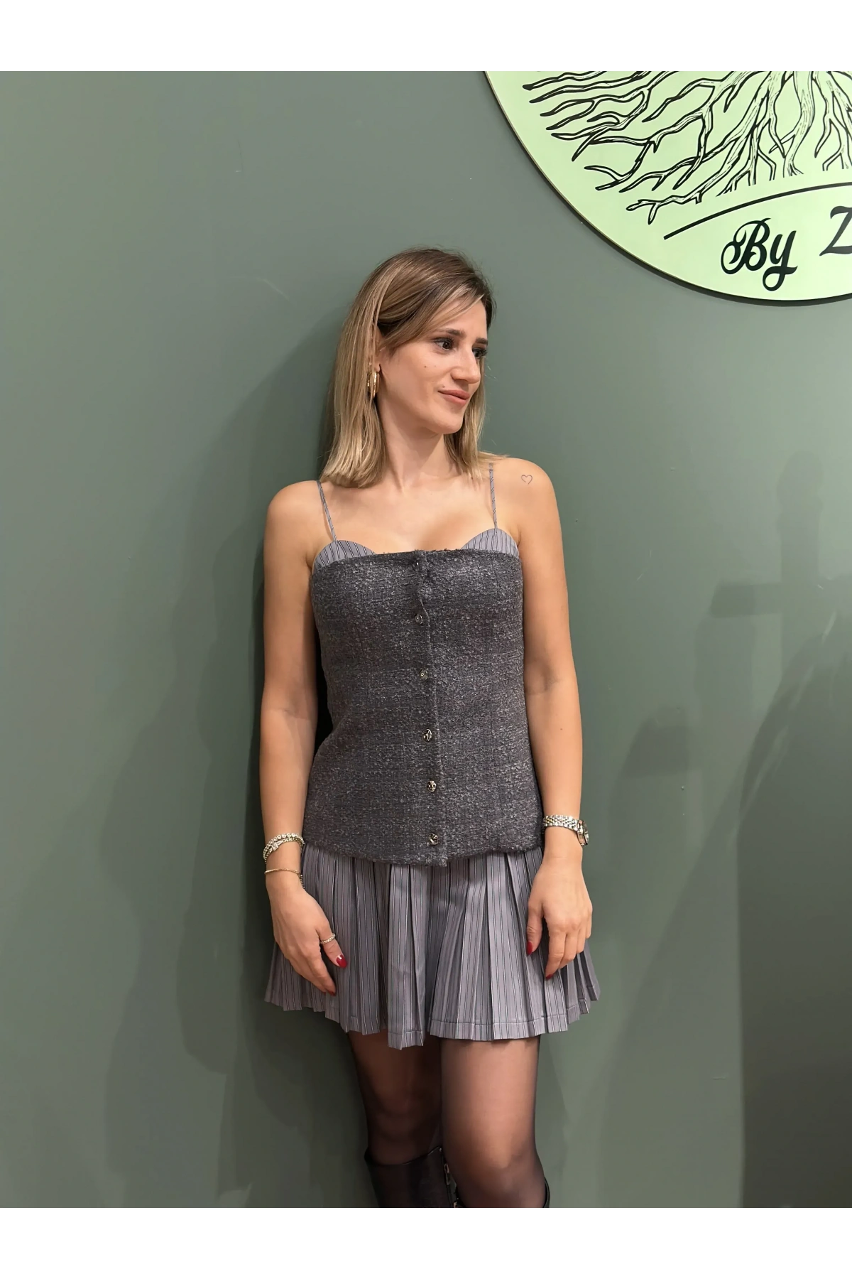 Tüvit Büstiyer Garnili Pileli Mini Elbise Antrasit