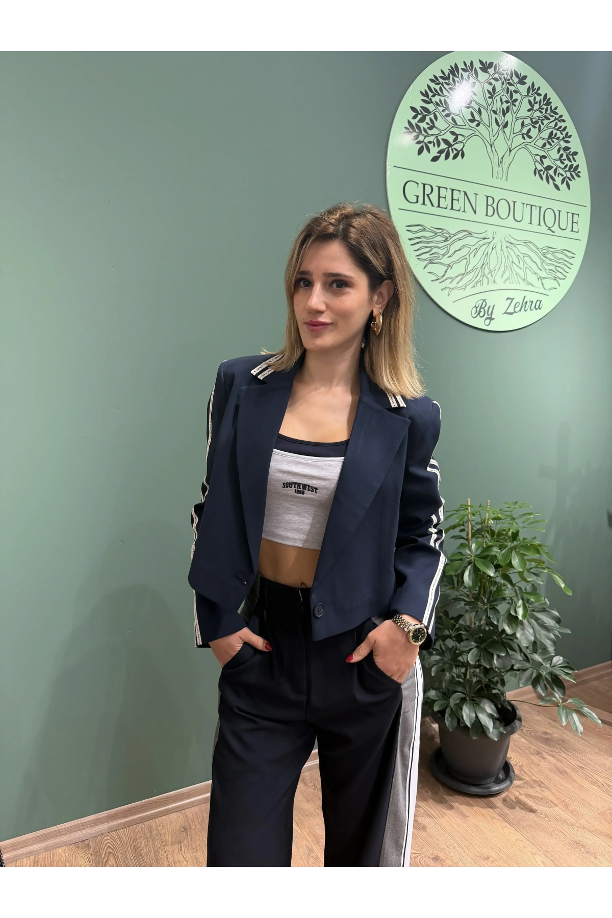 Yazı Şeritli Tek Düğmeli Crop Blazer Ceket Lacivert